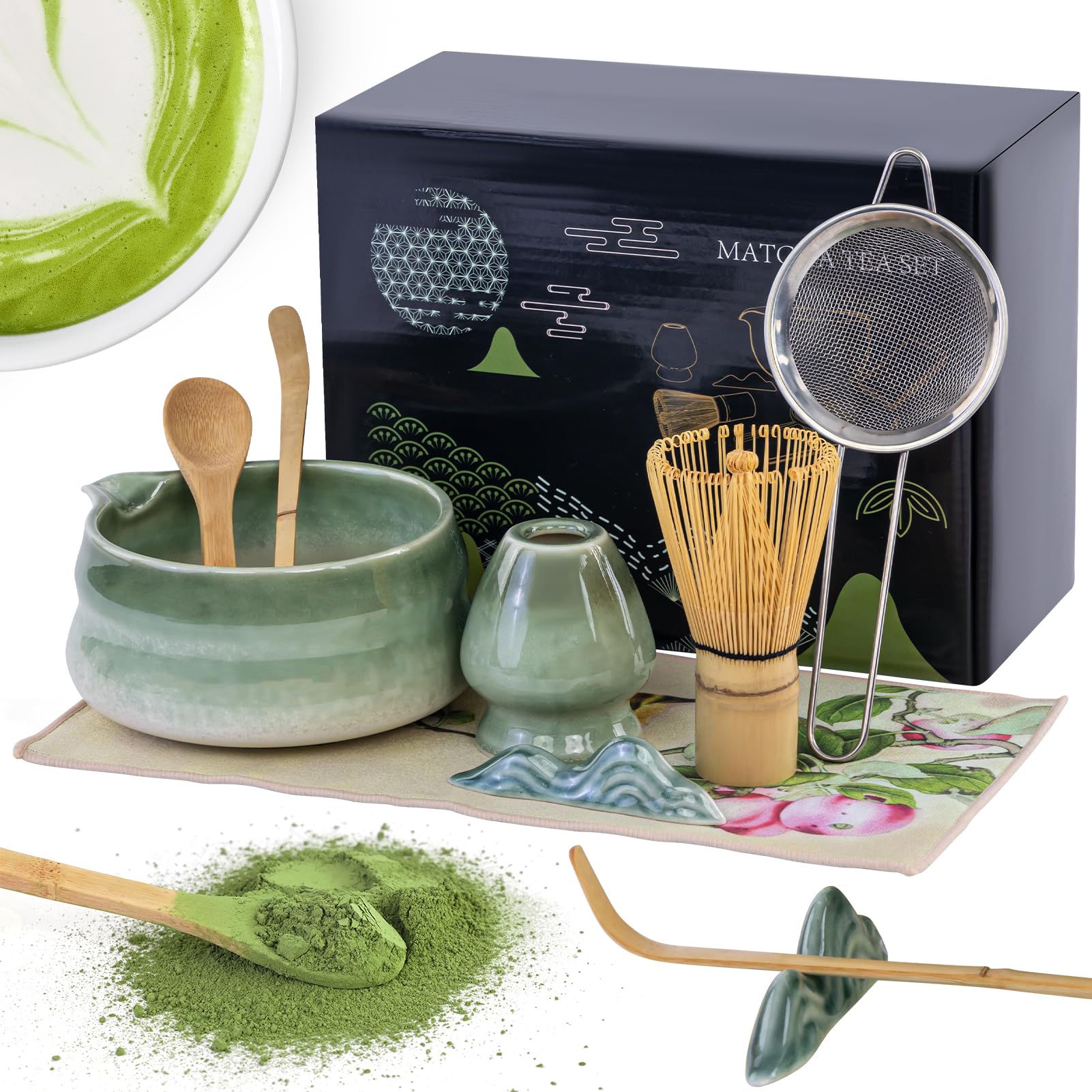 Matcha zestaw 8 sztuk herbaty matcha do przygotowywania kawy z mlekiem | Zestaw miotły do matchy, miska do matchy z dzióbkiem, zestaw trzepaczek do matchy i miska z łyżką i sitkiem, kolor zielony