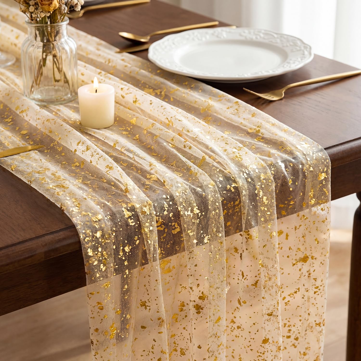 TIHNY Gold Table Runner 70x300 cm Polyester Sheer Cheesecloth with Metallic Foil, Reusable and Elegant Table Decoration for Weddings, Parties, Festival, Dining Tables (Beige Gold)
