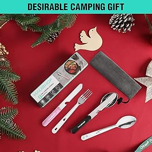 HAUSHOF 2-Pack 4-in-1 Camping Utensils, Stainless Steel Camping Eating Utensils with Carrying Bag, Detachable Spoon, Fork, Knife, Bottle Opener - Travel Utensil Set for Hiking, Picnic, Barbecue