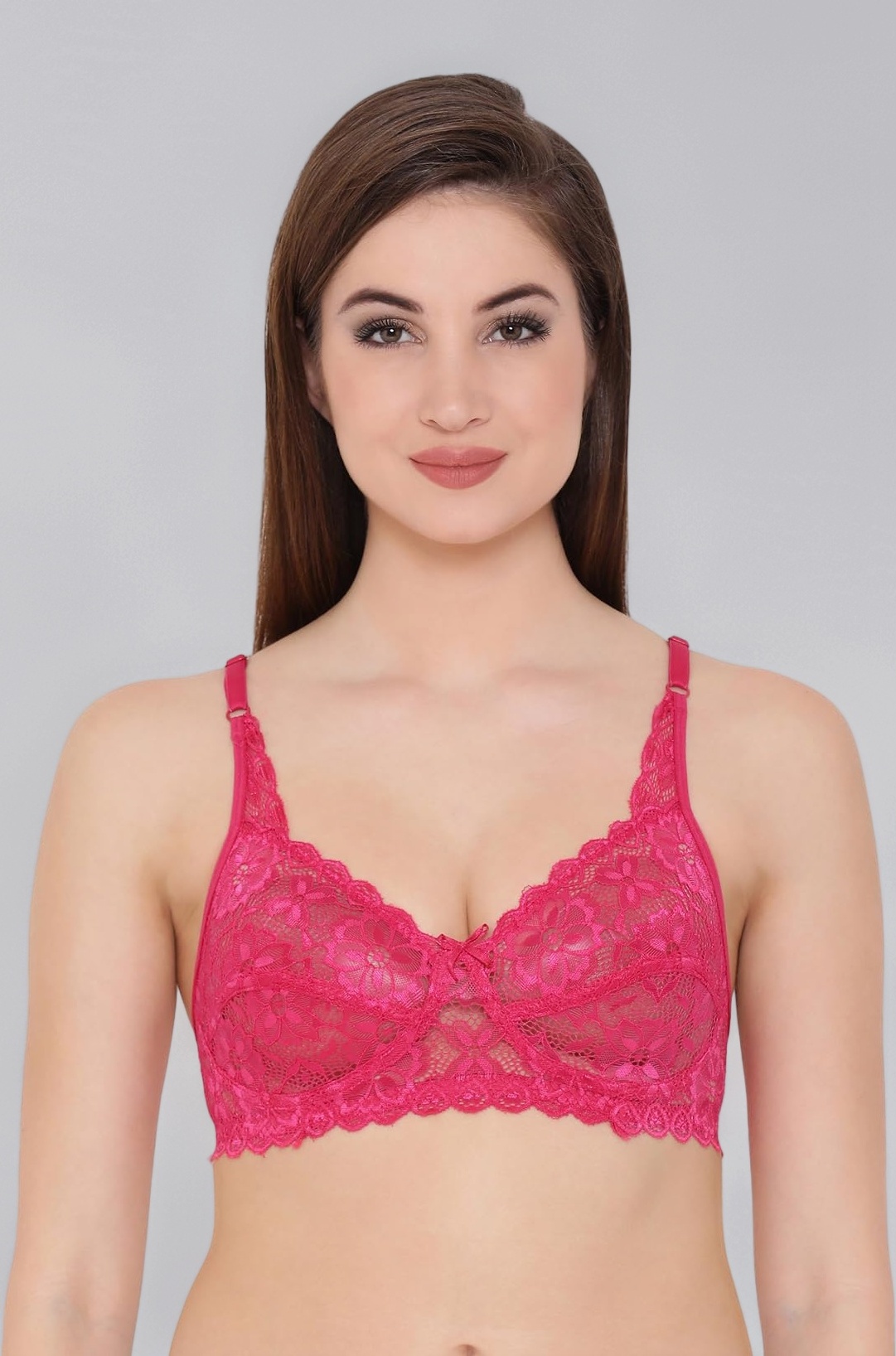 Women's Lace Solid Non-Padded Full Cup Wire Free Bra - Light Red