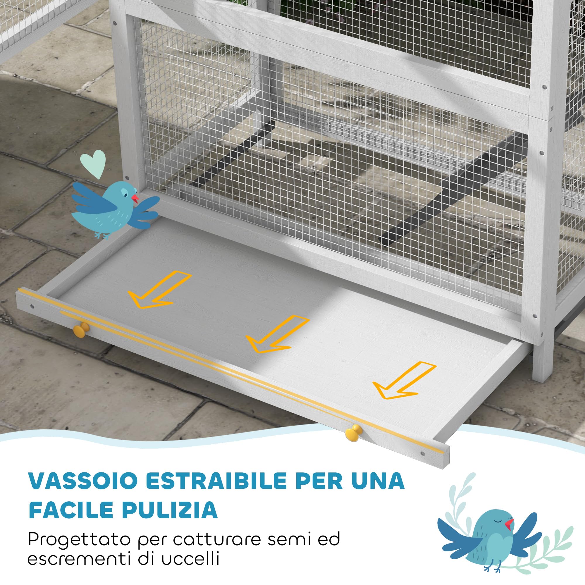 PawHut Voliera per Uccelli a 3 Porte con Casetta, Scaletta e Vassoio Estraibile, Gabbietta per Uccelli in Legno di Abete e Metallo, 92x52x171 cm, Grigia e Nera