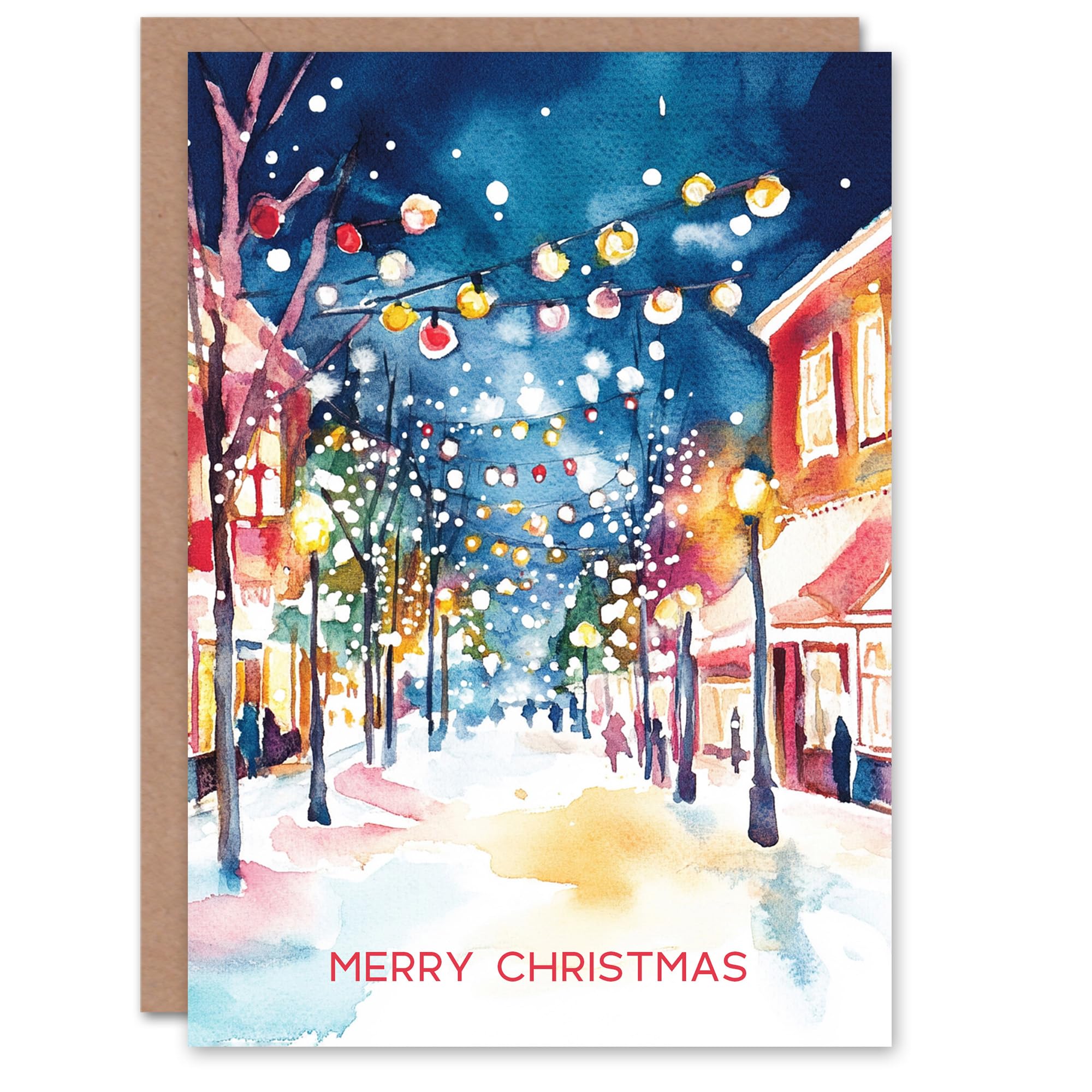 Artery8 Greeting Card - Watercolour City Street Lights - Blue