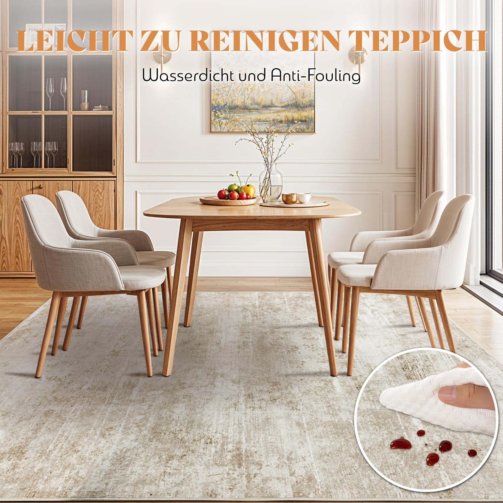 DEITAS Modernem Abstrakte Teppich Wohnzimmer 160x230cm, Ultraweicher Kunstwolle Kurzflor Carpet, Waschbar rutschfest Teppich für Schlafzimmer und Esszimmer, Büro, Beige