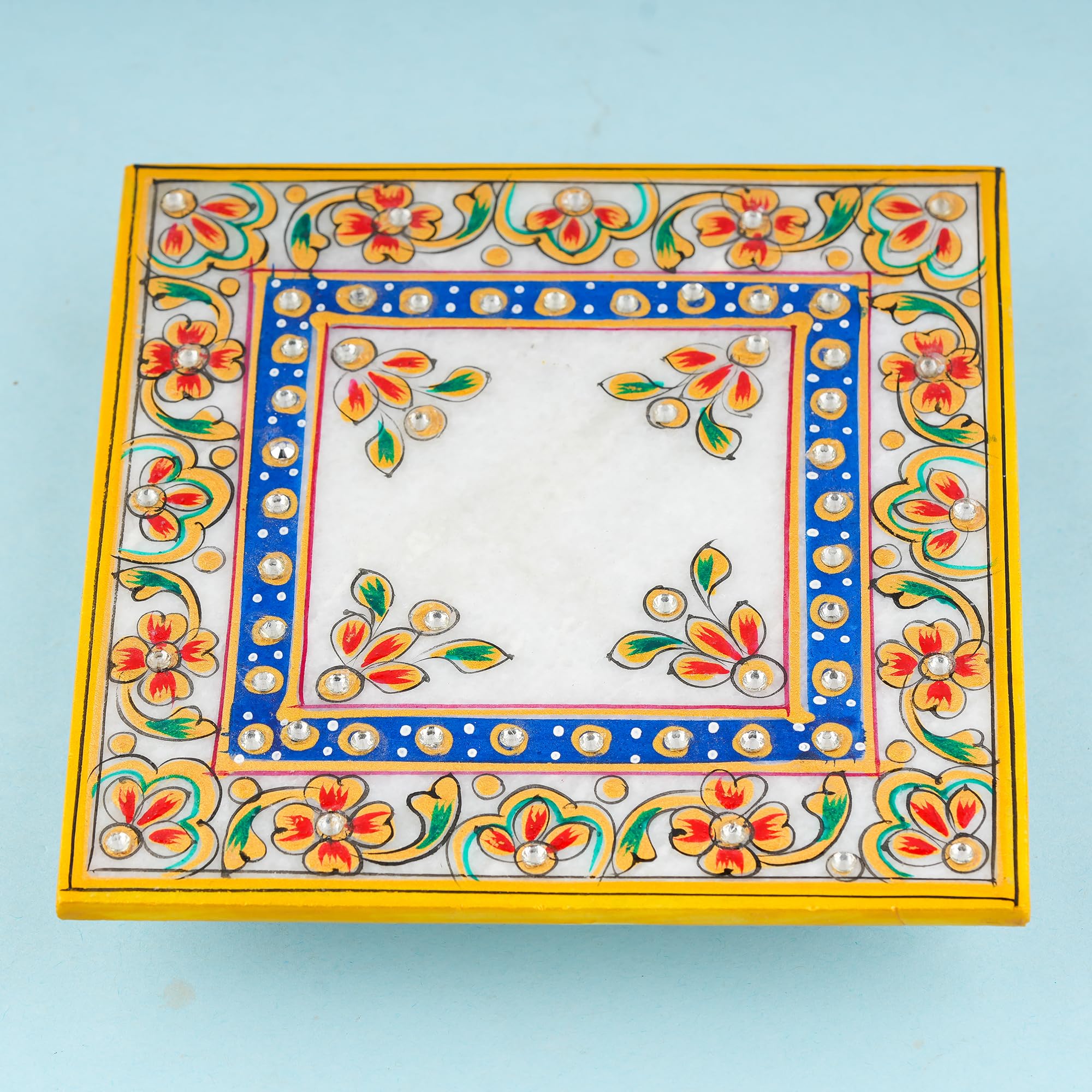 Marble Pooja Chowki - Makrana Marble with Kundans -3