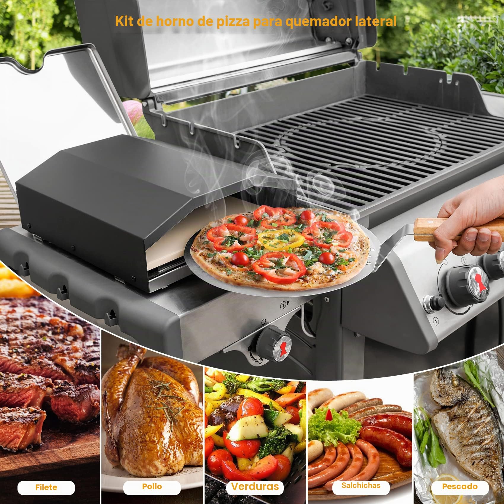 Onlyfire Hornos de Pizza para Barbacoa a Gas,con Piedra para Pizza y Espátula para Pizza,Tapa de la Pizza para Grill a Gas con Quemadores Laterales,31,5×27,5×12 cm,Negro