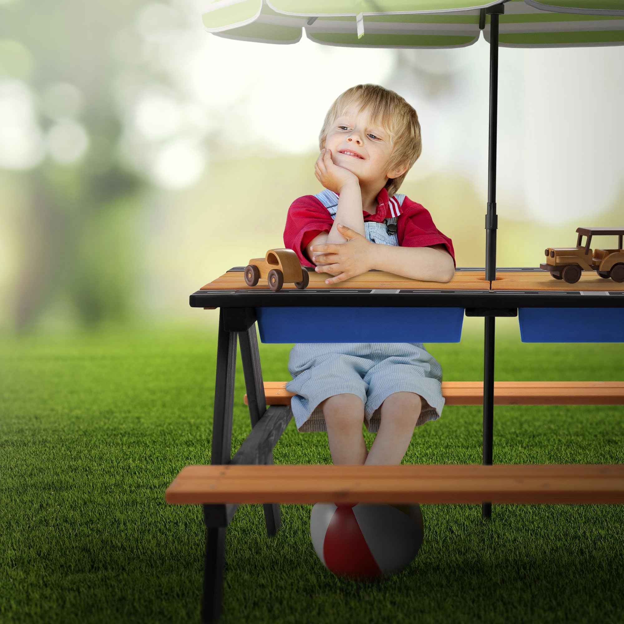 ML-Design 2en1 Ensemble pour Enfants 2 Bancs et Table de Jeux de Sable et d'eau, Brun Naturel, Bois Massif/Métal, Plateau Amovible avec 2 Bacs de Jeu en Plastique Bleu, 4 Places, Trou pour Parasol