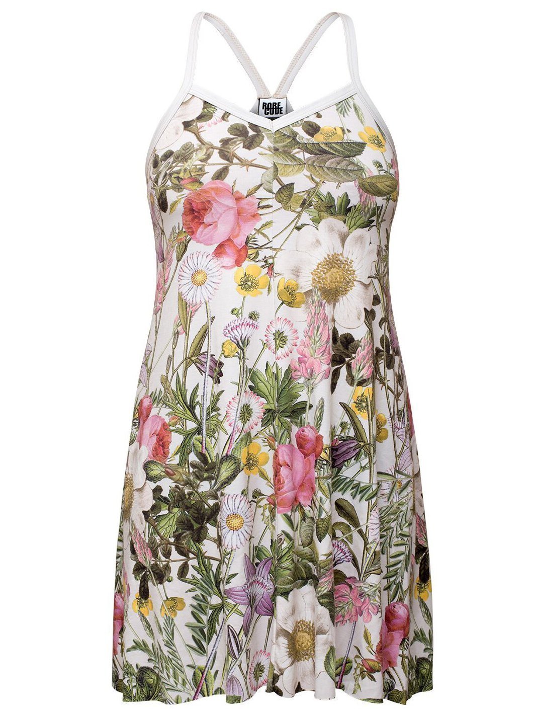 RobeCode Damen Buntes Sommerkleid Flora Jersey Kurz Weiß Blüten Blumenmuster