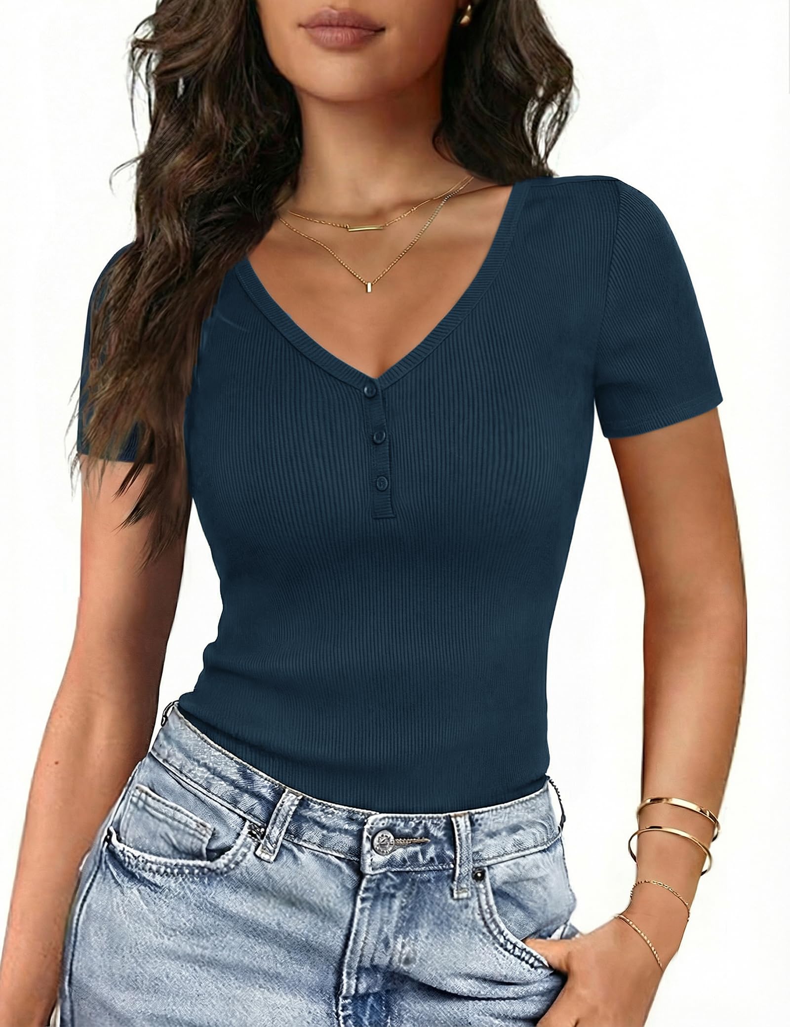 Gyabnw Damen Kurzarm T Shirt mit V Ausschnitt und Henley Knopfleiste Slim Fit Stretch Stoff weiches Elegantes Basic Shirt Sommer Oberteile Damen