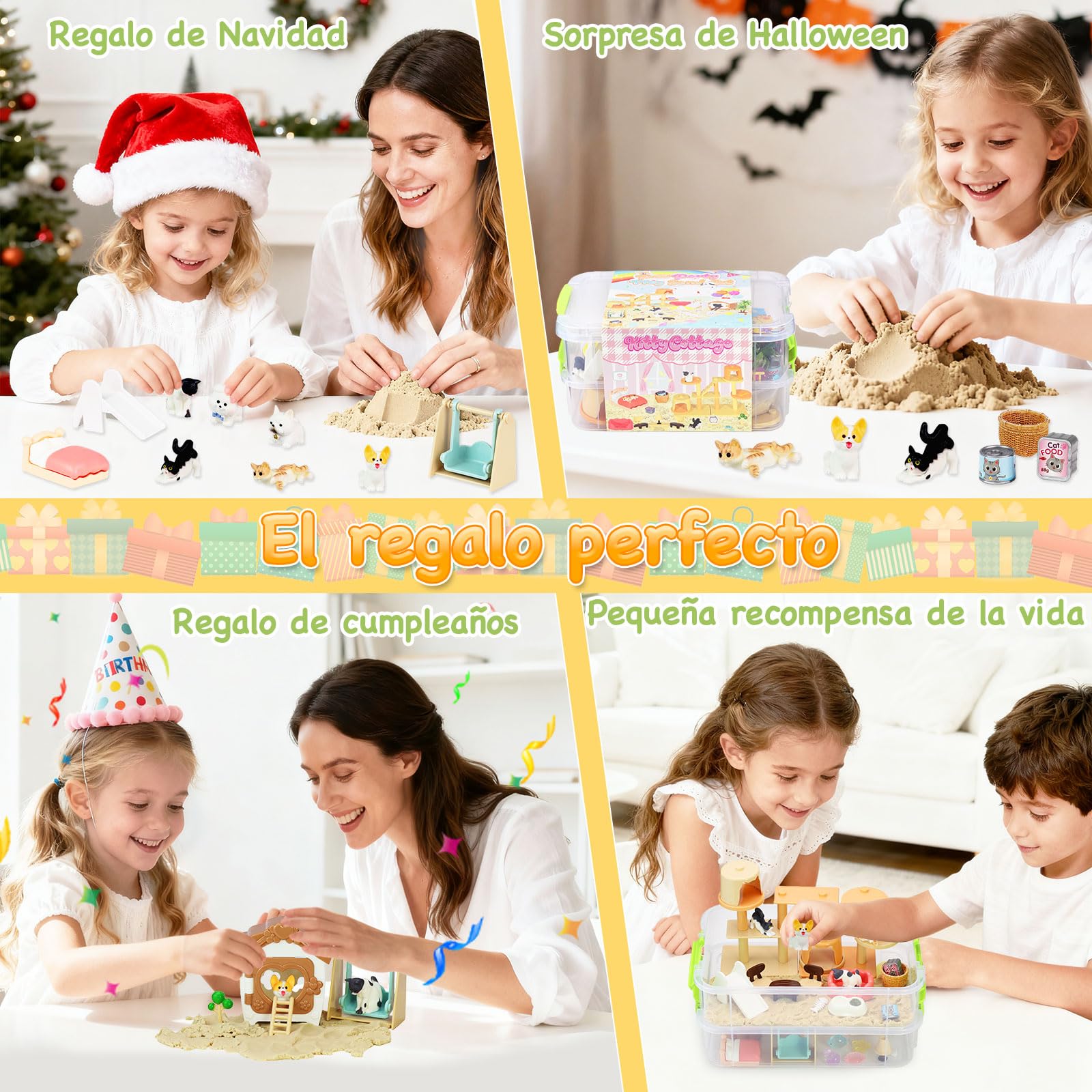 VBACALA Arena Mágica Set con Arenero de 2 Pisos,500g Arena,Figuras Perros Gatos,Set Sand con Temática Animales Domésticos,Juego Arenas Sensorial para Niños 3+ Años,Regalo para Niños Niñas
