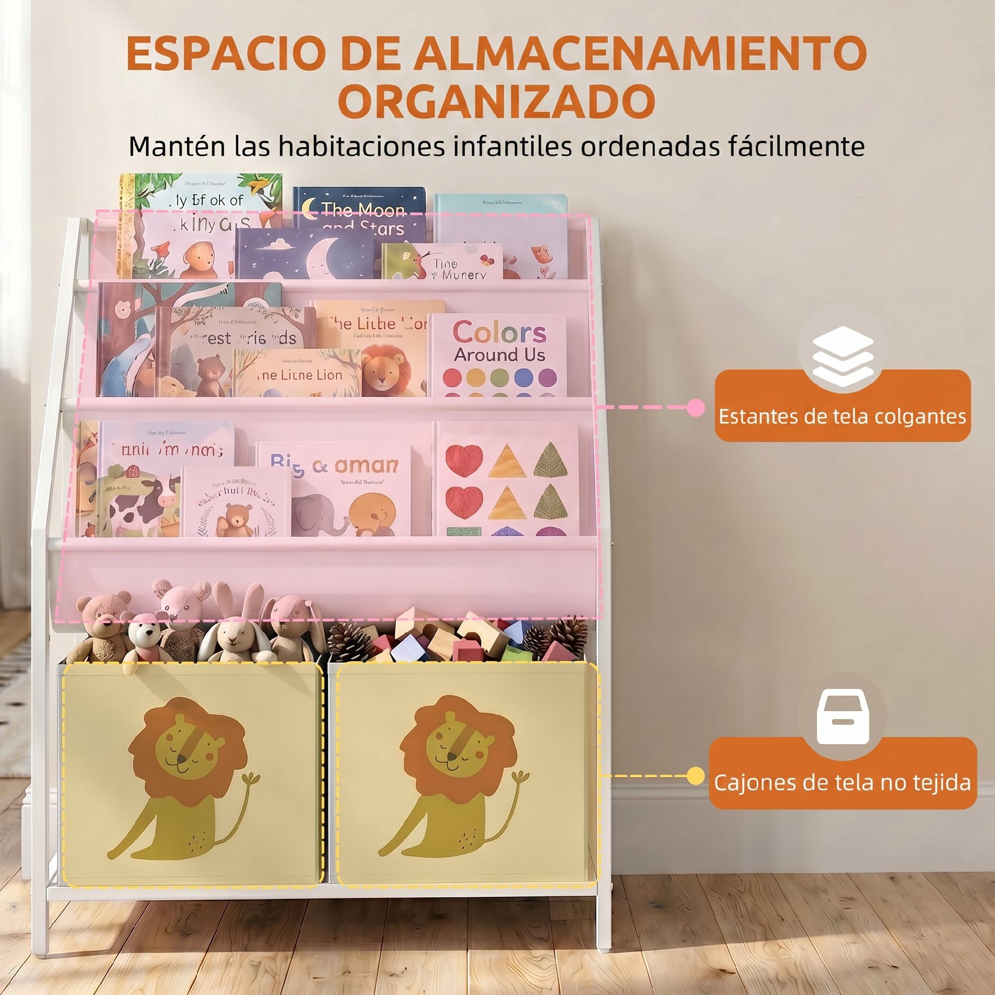 AIYAPLAY Librería Infantil de 4 Niveles Montessori Niños 76 cm Blanco | Estantería para Libros, 3 Estantes, 2 Cajones de Tela, Diseño de León, Sala de Juegos, Dormitorio, Guardería
