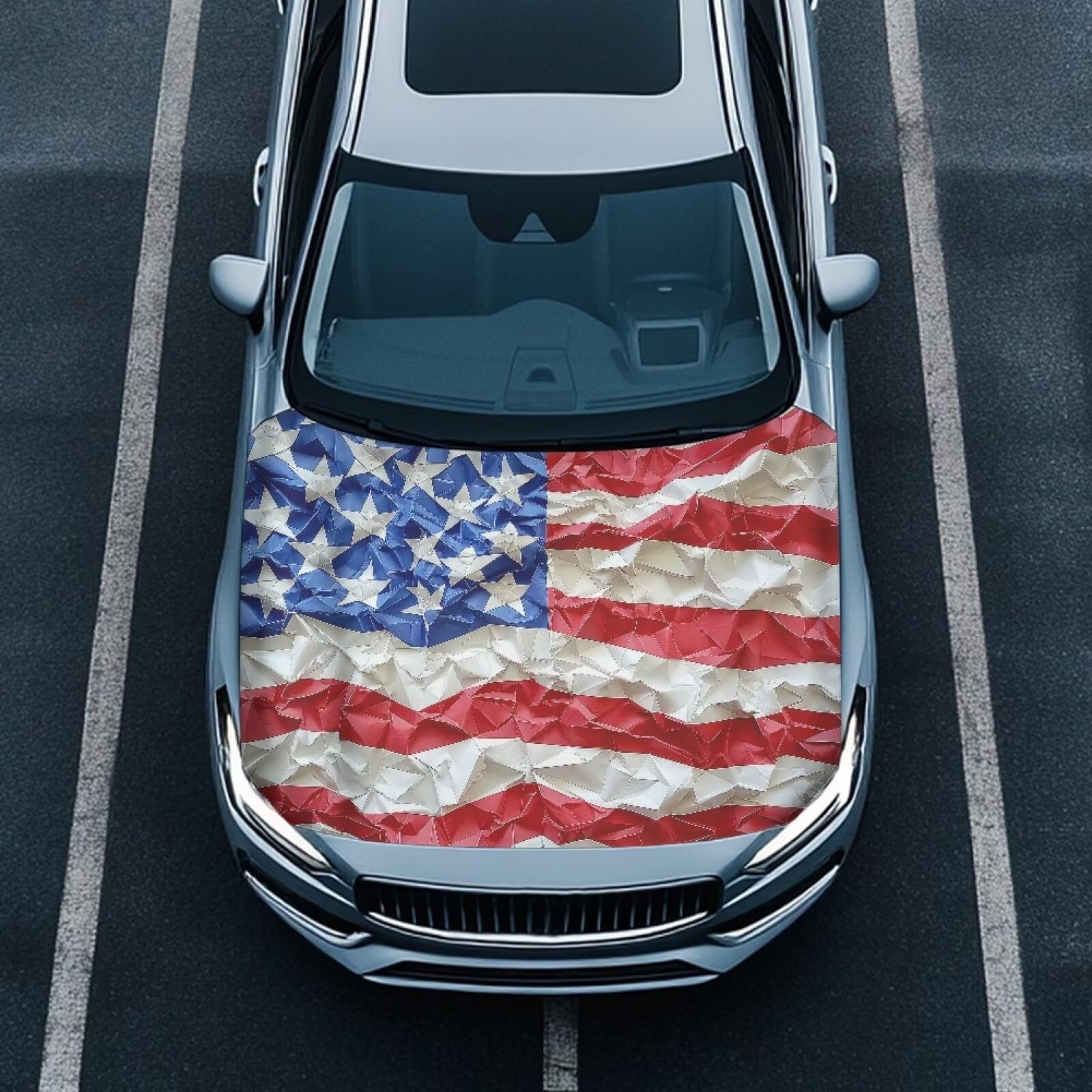 American Flag Waterproof Car Cover Polyester Elastic Fabrics Patriotic Car Hood Cover Suitable for Auto Car Truck, Van, SUV, Pickup