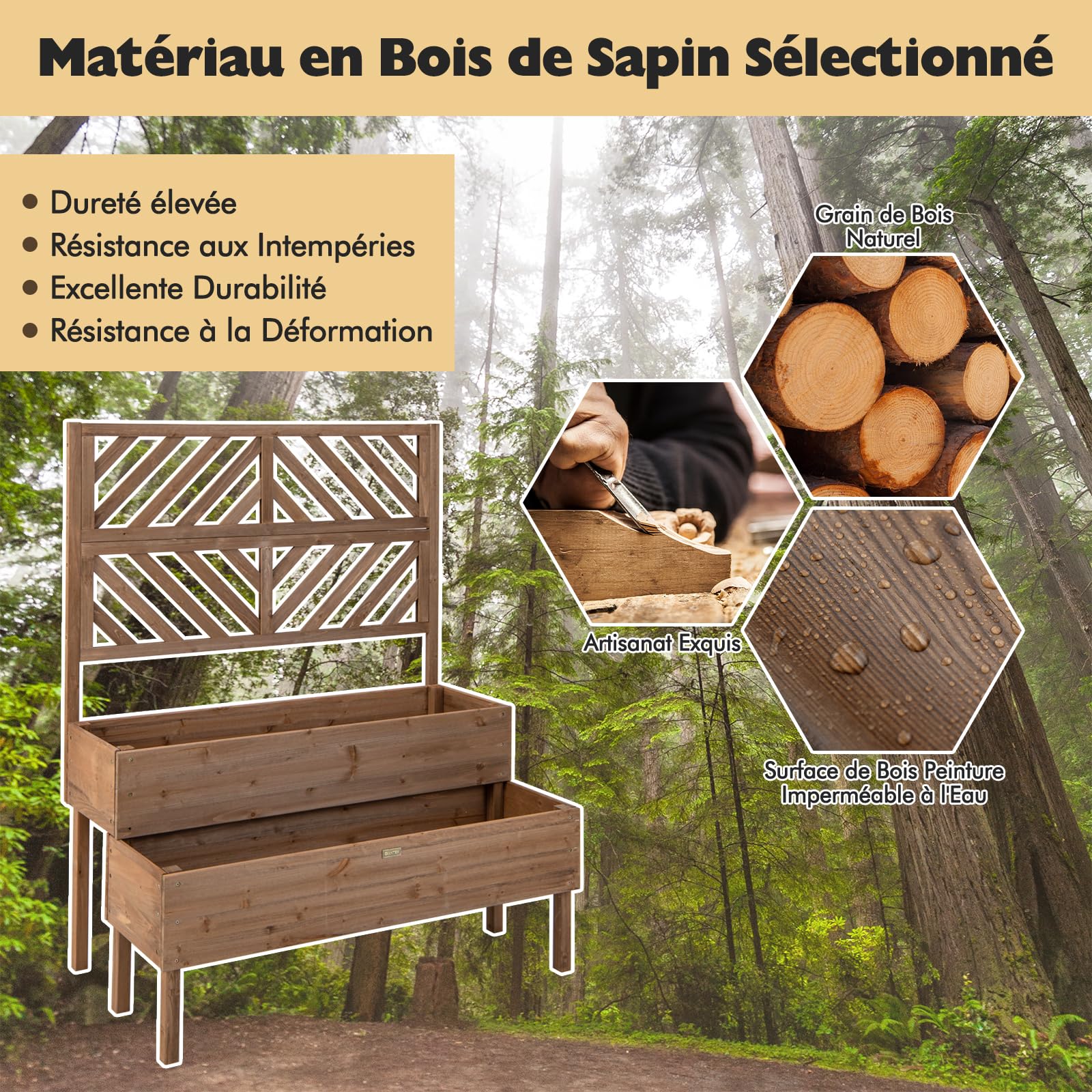 COSTWAY Jardinière 2 Niveaux avec Treillis en Bois de Sapin avec Trou de Drainage, Bac à Fleurs pour Plante Grimpante, Lit de Jardin Résistance aux Intempéries 109 x 62 x 135 cm (Marron)