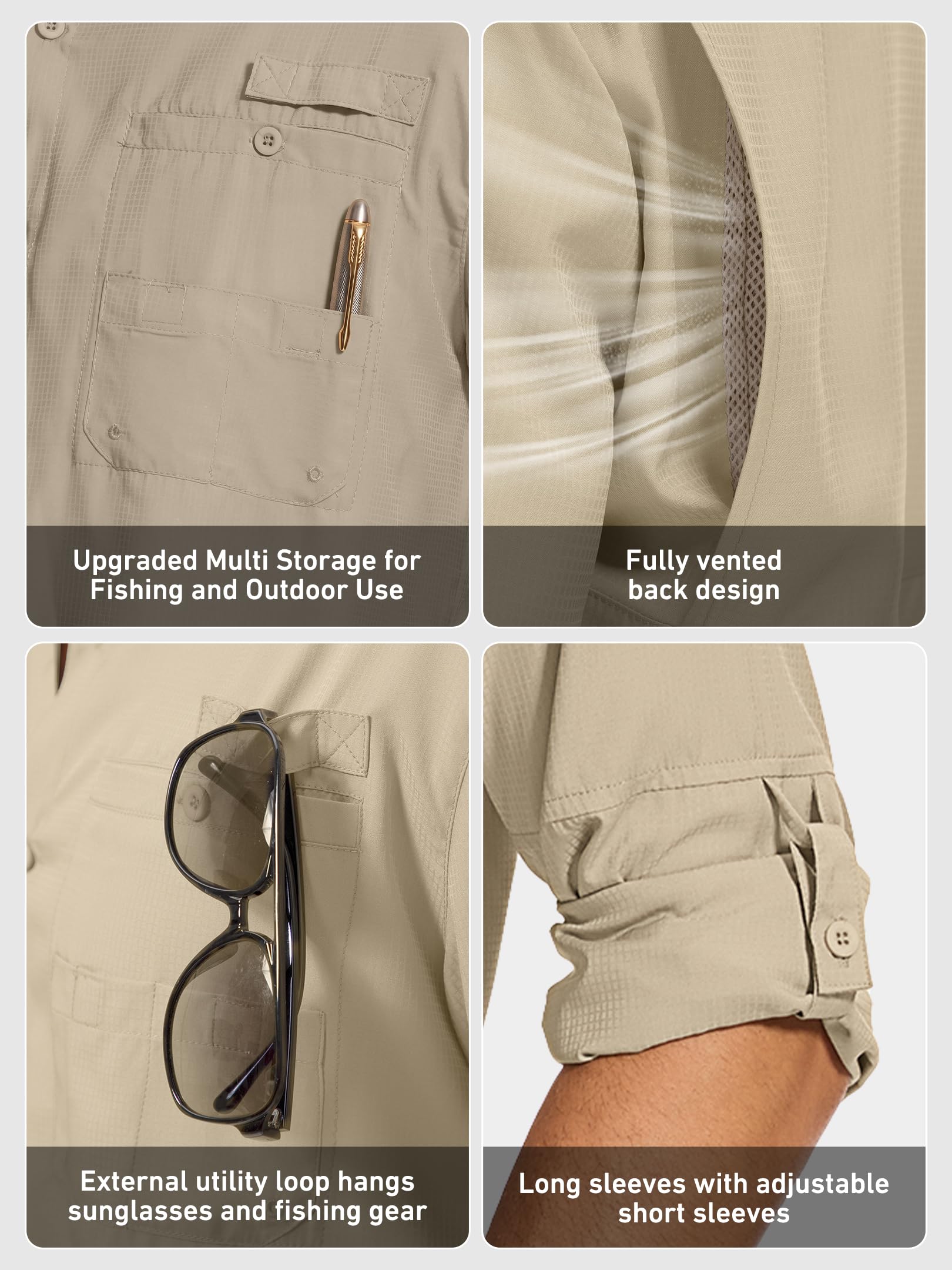 Camisas de Pesca de Manga Larga para Hombre, con protección Solar UPF 50+, Ligeras, de Secado rápido, Estilo Safari, para Acampar, Caqui, Large