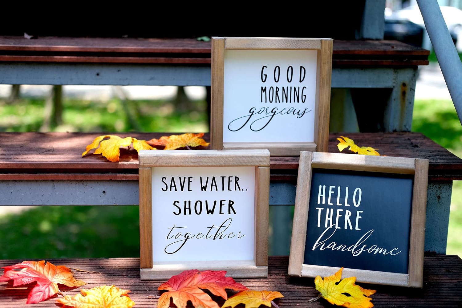 penepico Funny Bathroom Signs Wall Art Decor 8"*8", Farmhouse Bathroom Wall Decor with 9 Interchangeable Sayings, Rustic Accessories for Restroom Shelf，3 Wood Frames(black-white bigger(8"*8"))