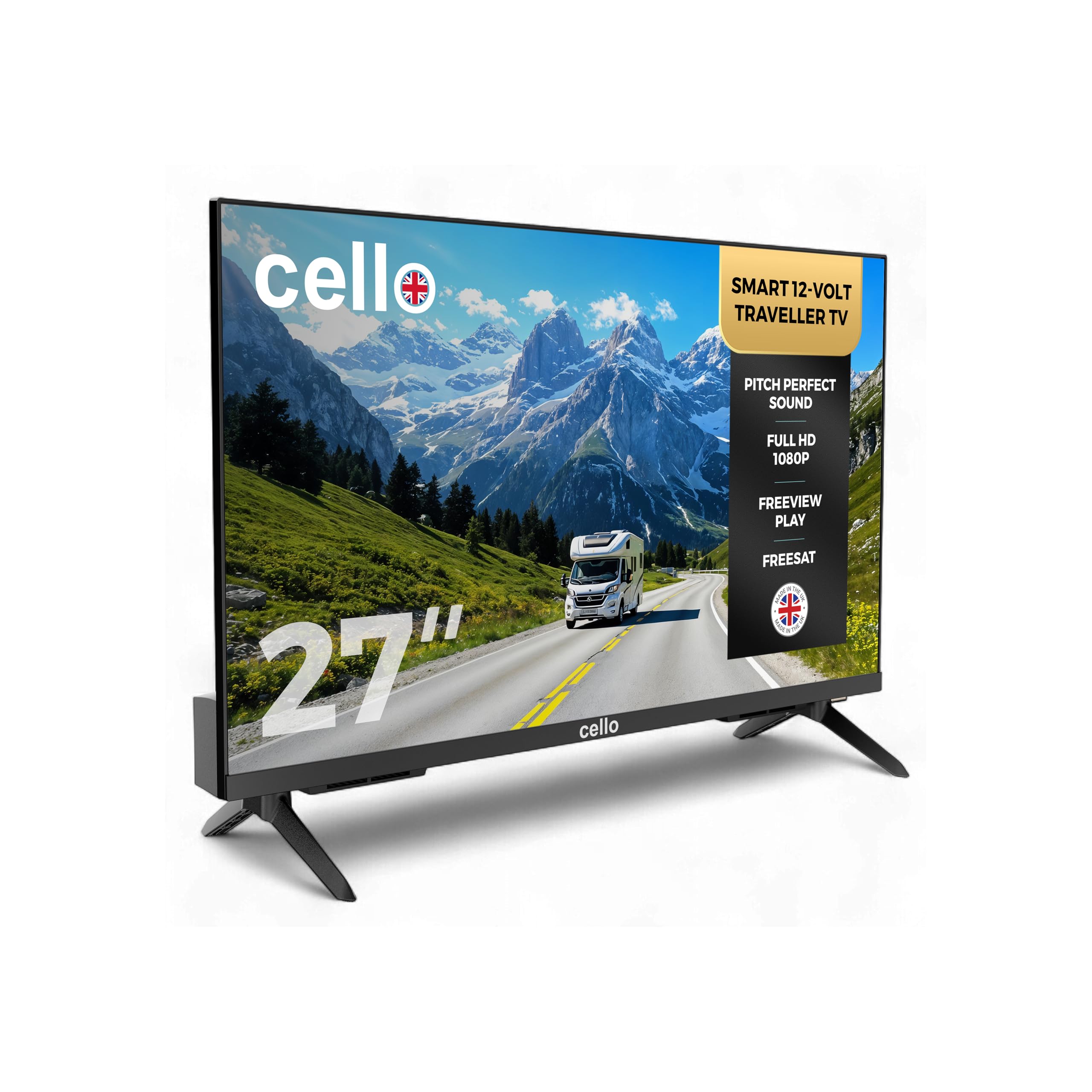 Cello Bianco 12 Volt 27 pollici Traveller Smart TV, WebOS ultra-veloce, Freeview Play, FreeSat, Bluetooth, Netflix, Apple TV e DAZN per camper, roulotte e camion