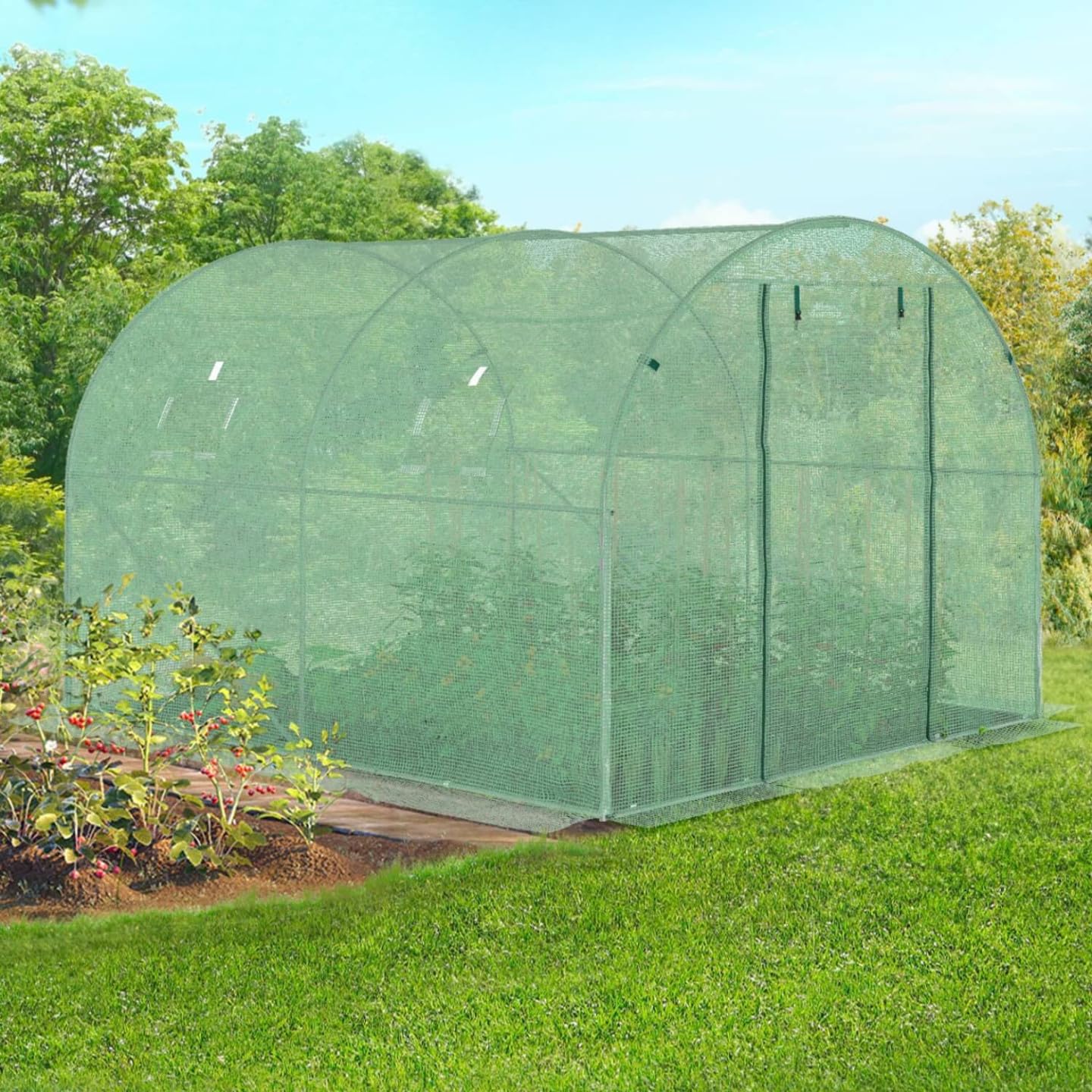 IDMarket - Serra da giardino a tunnel da 6 m², 3 x 2 x 2 m, in acciaio zincato + telo anti-UV con porta e finestre ROMA verde, per tutte le