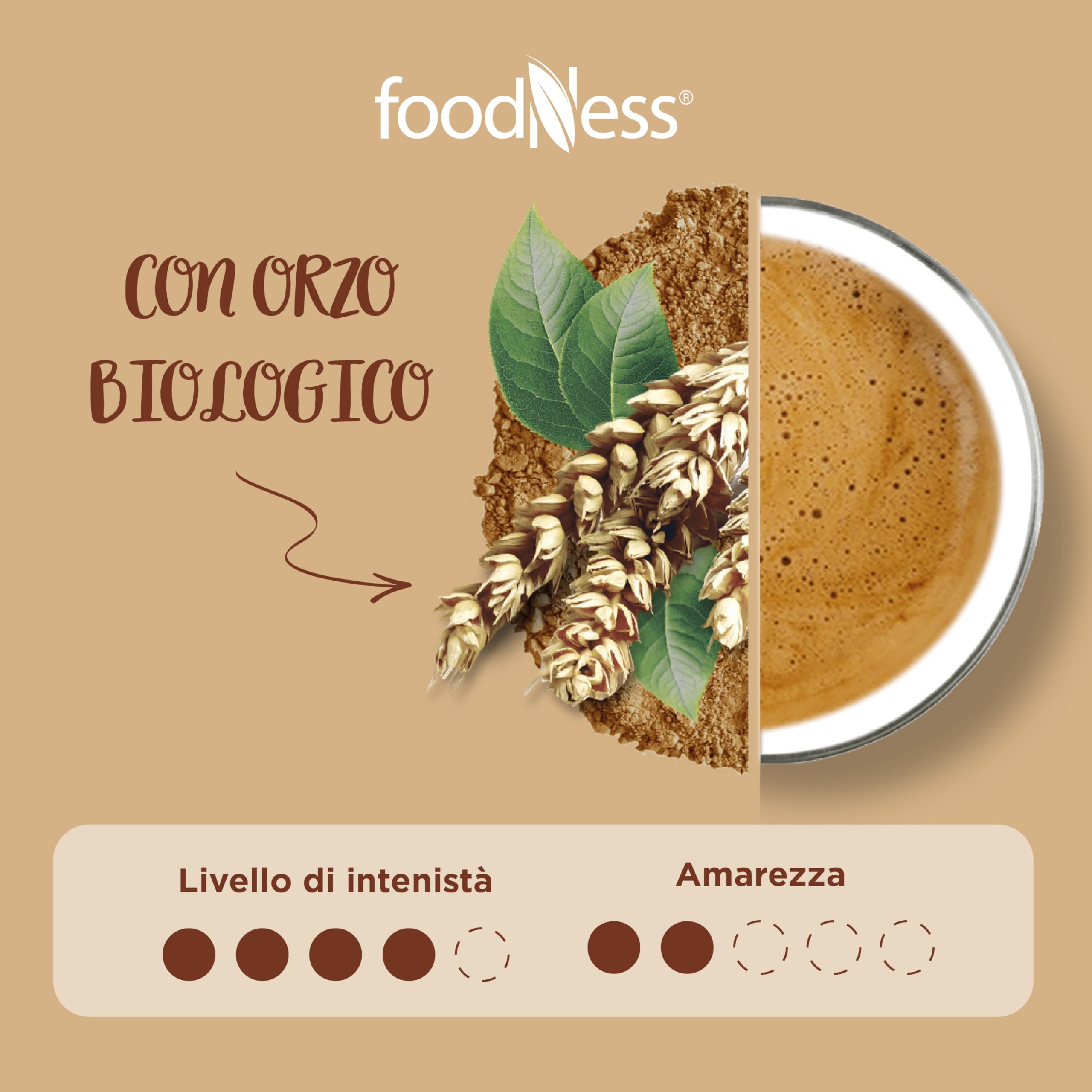 foodNess - 10 Box da 10 Capsule di Bevanda d'Orzo BIO, Capsule Compatibili con Sistema Nespresso, Bevanda Naturalmente senza Caffeina, Lattosio, Grassi Idrogenati e Zuccheri Aggiunti