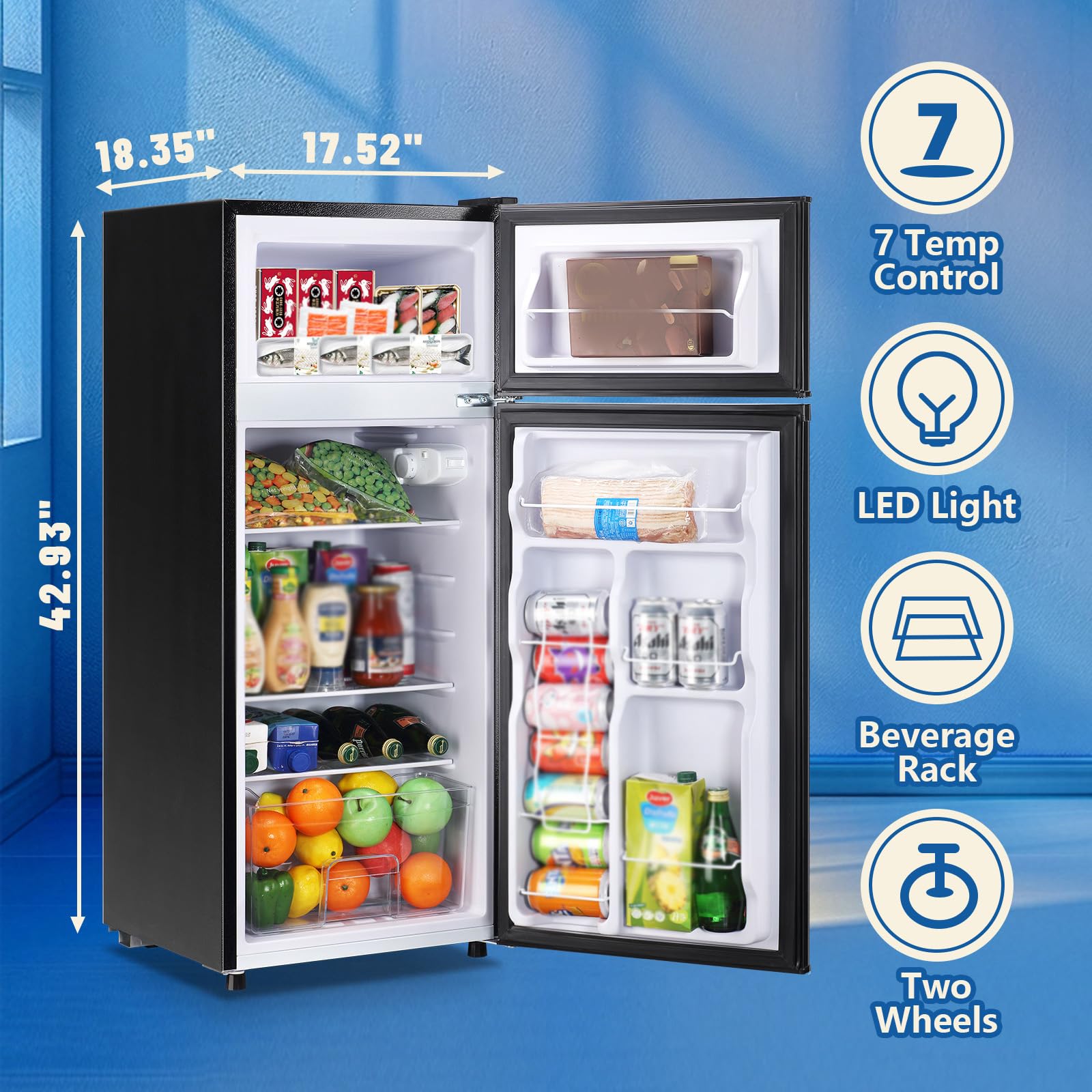 Demuller 4.5 Cu.Ft Capacity Compact Refrigerator With Freezer Double Door Mini Fridge Small Apartment Refrigerator With 7 Adjustable Temp Control & 3 Glass Shelves For Kitchen Office Dorm Black on Fridge.com - View 6