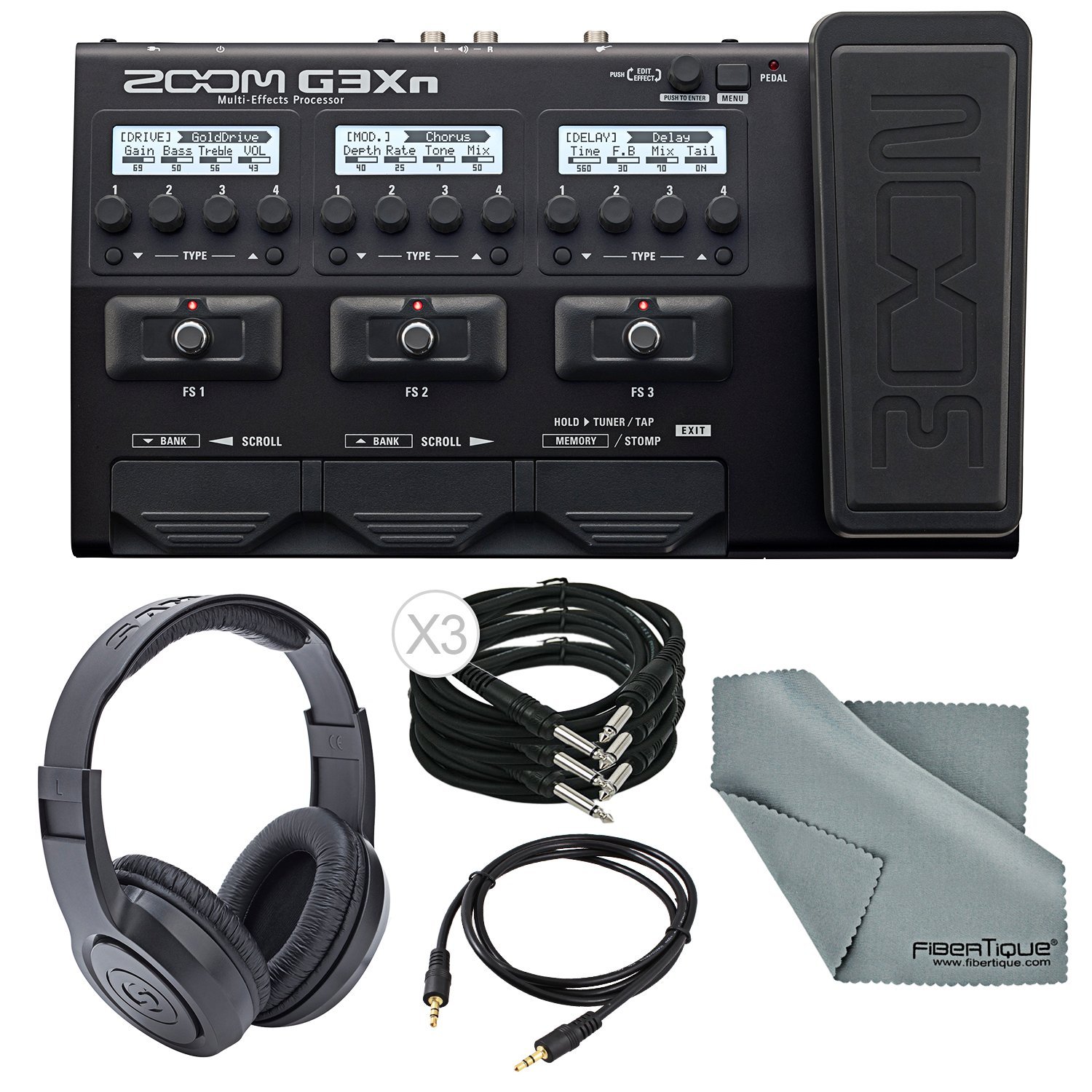 Zoom G3Xn Multi-Effects Processor with Expression Pedal for Guitar Deluxe Bundle with 3 1/4 Inch Cables + Aux Cable+ Samson Stereo Headphones + Fibertique Cleaning Cloth