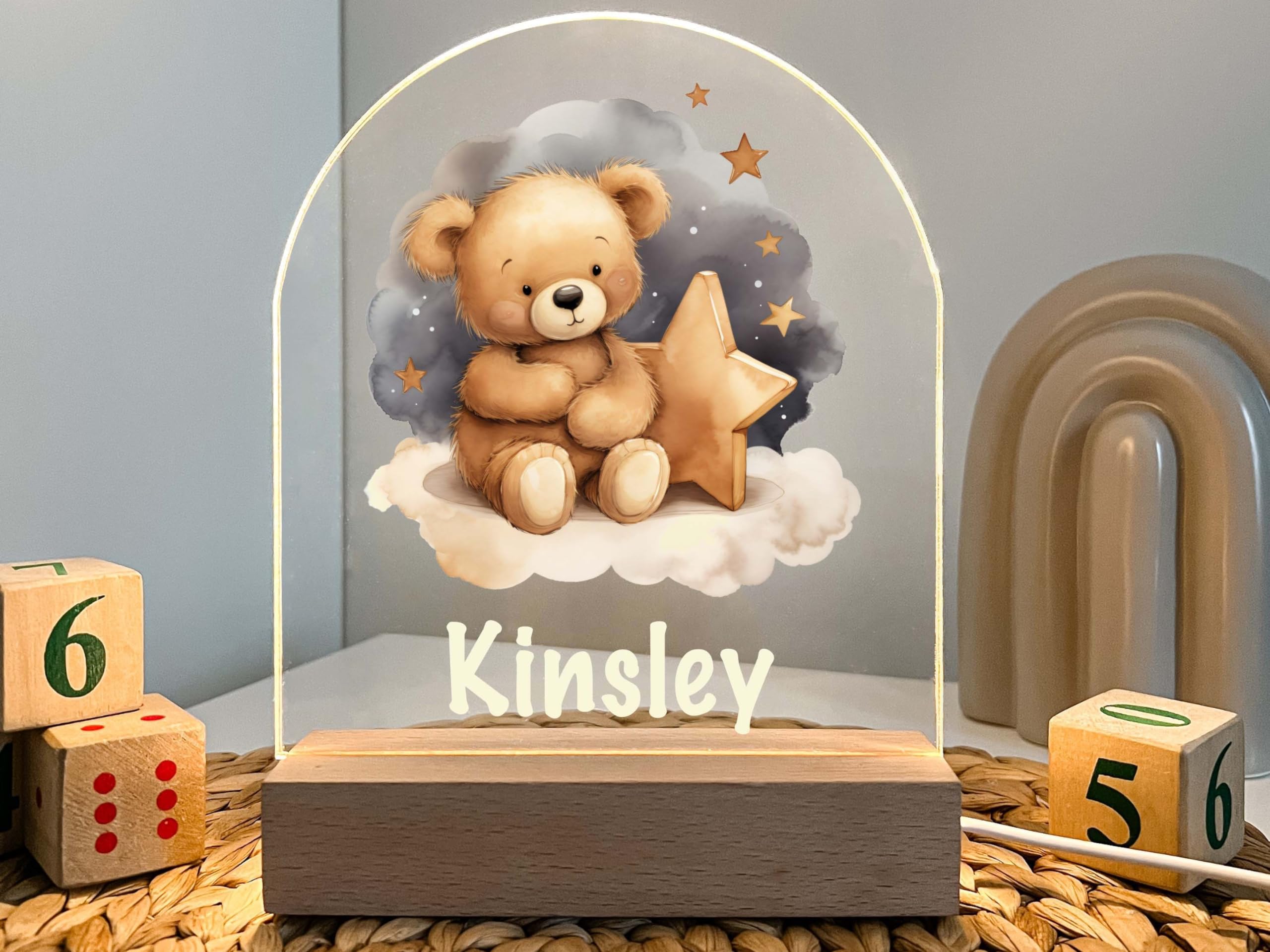 Custom Teddy Bear Stars Cloud Night LED Lamp for Kids Room, Baby Nursery Gift, Girls Boys Night Light, Bedroom Decor, Night Light Gift. Made in CT, USA