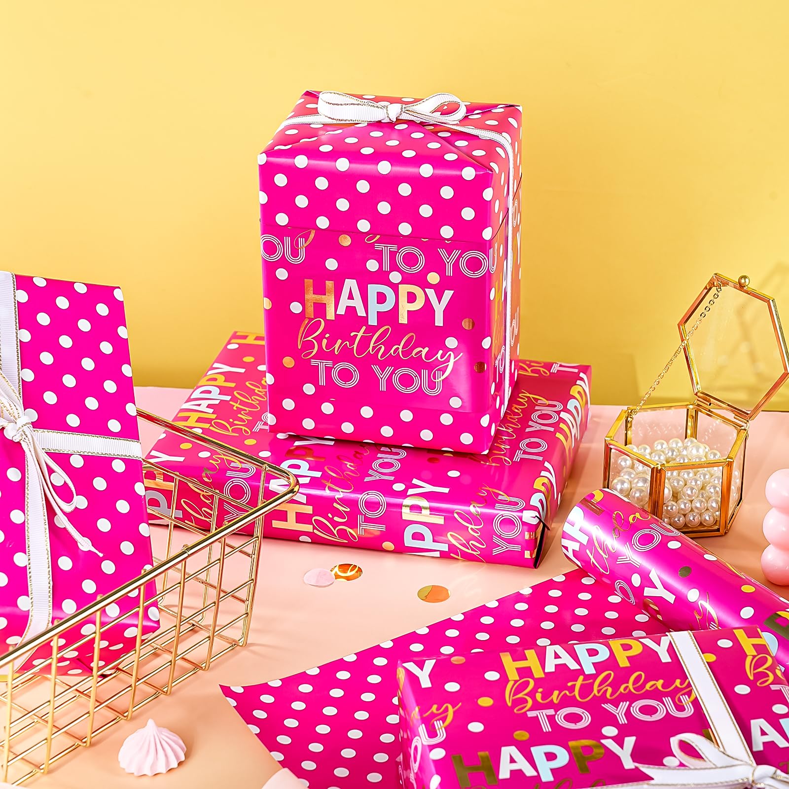 WRAPAHOLIC Papel de regalo de cumpleaños reversible jumbo, 30 pulgadas x 33 pies, papel de regalo de feliz cumpleaños rosa intenso y dorado para niñas, mujeres, niños, baby shower