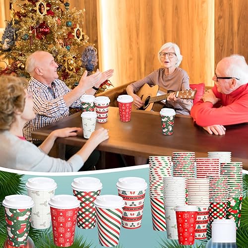 Miniatura 7 de Yaomiao Paquete de 90 tazas de café de Navidad de 16 onzas con tapas, vasos de papel de Navidad desechables a granel para bebidas de chocolate