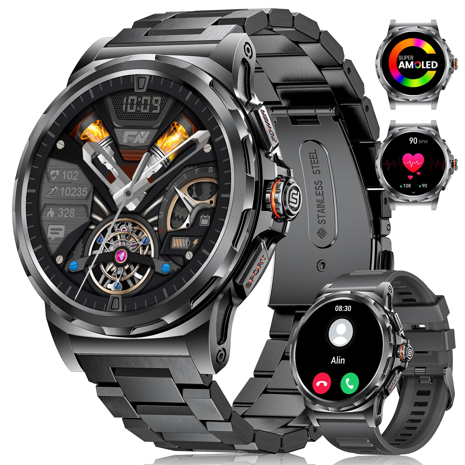 LIGE Reloj Inteligente Hombre con Llamada Bluetooth,1,43''Amoled/3 Correas | Smartwatch Hombre con IP68 Impermeable, 110+Modos Deportivos/Pulsómetro/Sueño Pulsera Actividad Android iOS