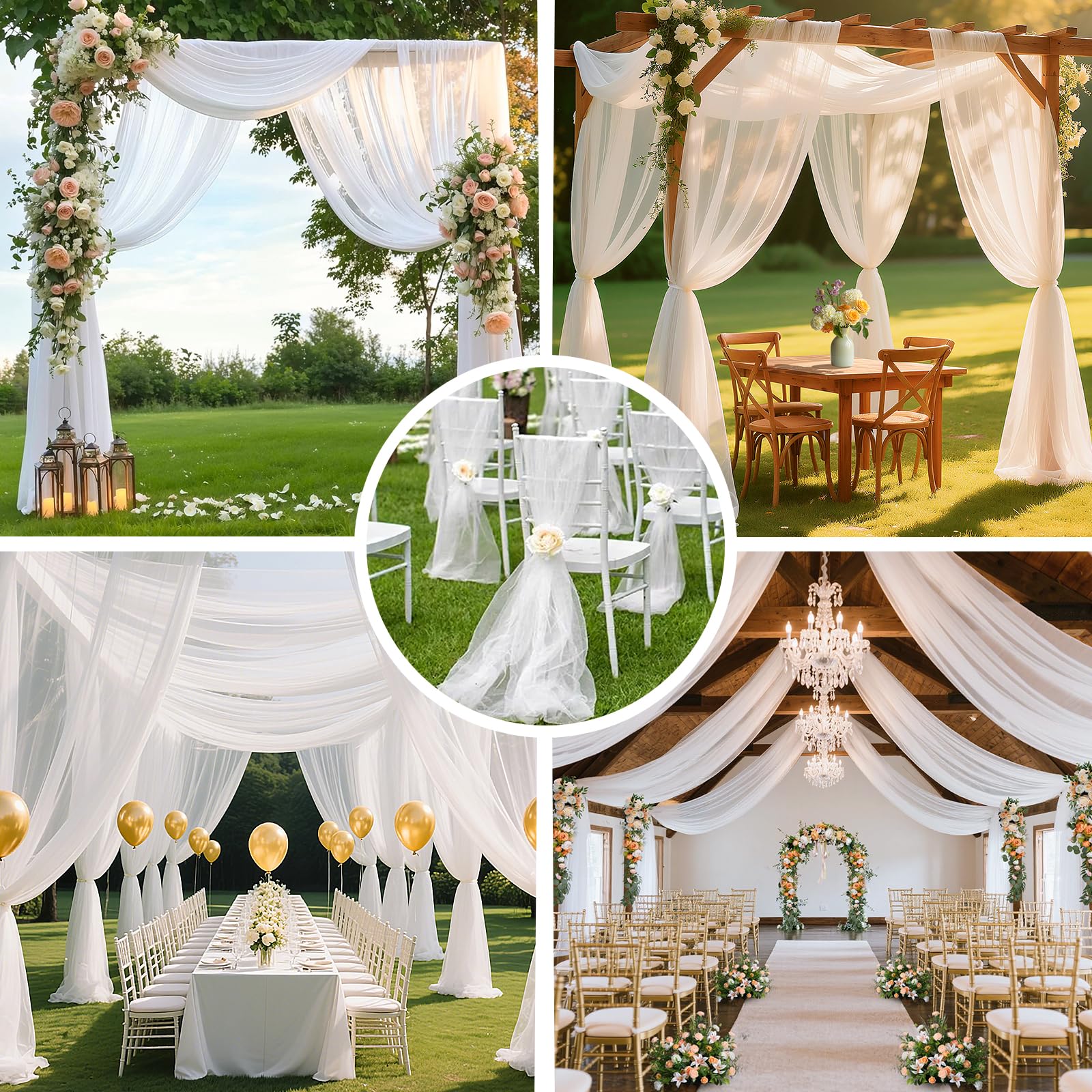 4 białe zasłony ślubne, białe zasłony, 15 m x 66 m, szyfon, na wesele, na imprezę, ceremonię, wesele, jako dekoracja na baby shower, recepcję, na scenę, jako dekoracja