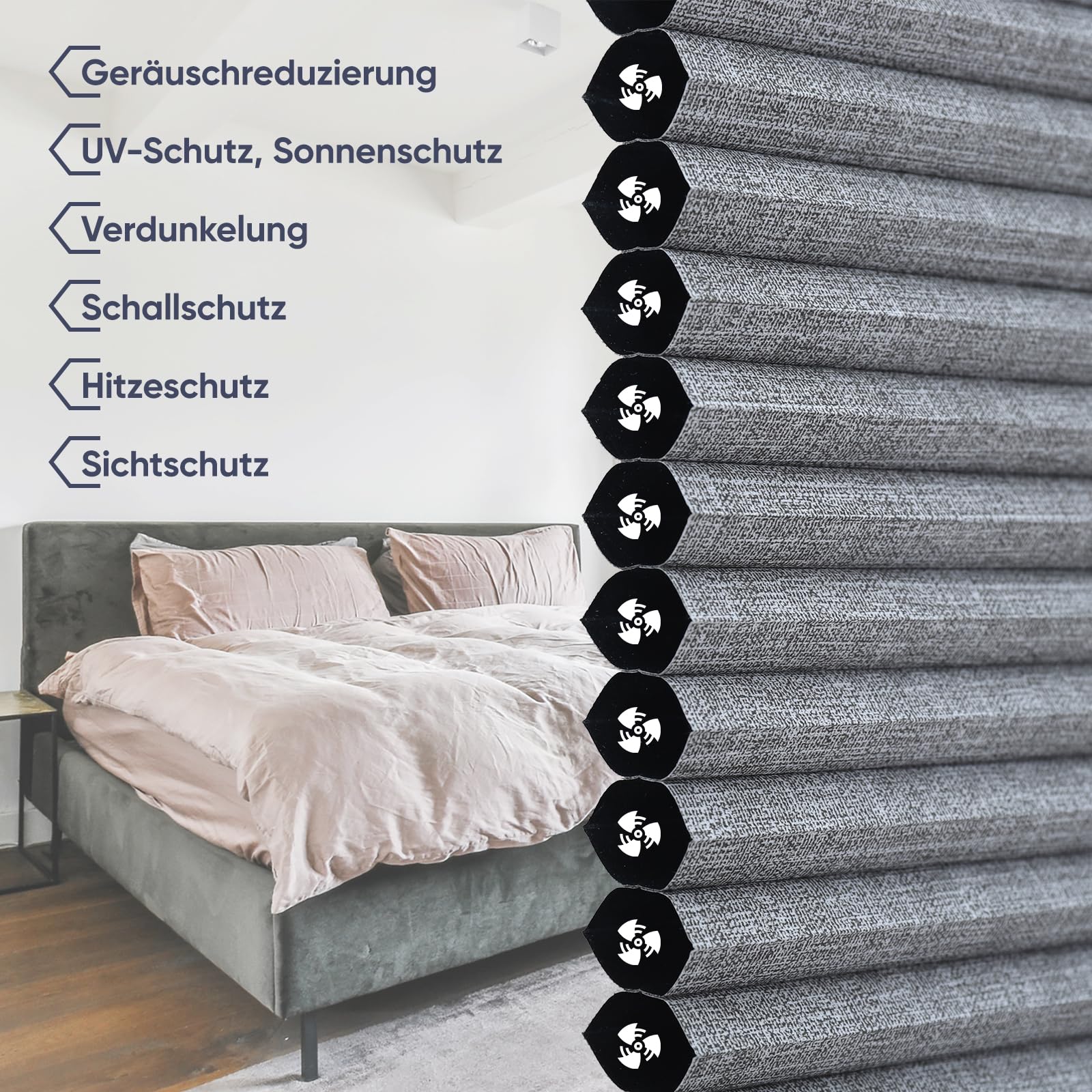Sekey Wabenplissee Ohne Bohren Verdunkelung Rollo 100% verdunkelnd Blickdicht, Klemmfix, Aluminiumschiene, Grau, 80 x 200cm (BxH)