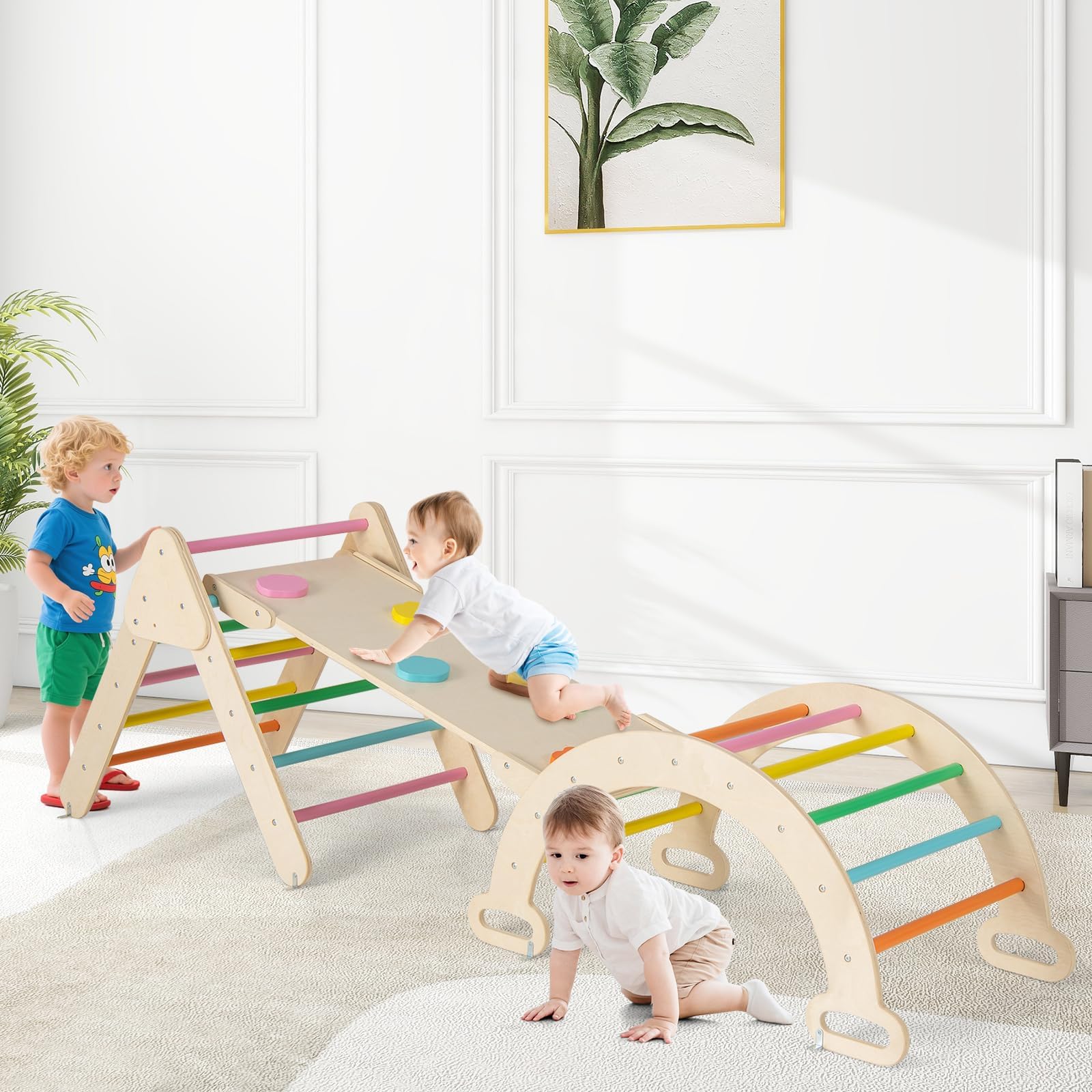 RELAX4LIFE 4 in 1 Triangolo da Arrampicata con Scivolo per Bambini, Arco da Arrampicata e Scala per Arrampicarsi in Legno, Montessori Giocattoli Bimbi 2 3 4 5 Anni