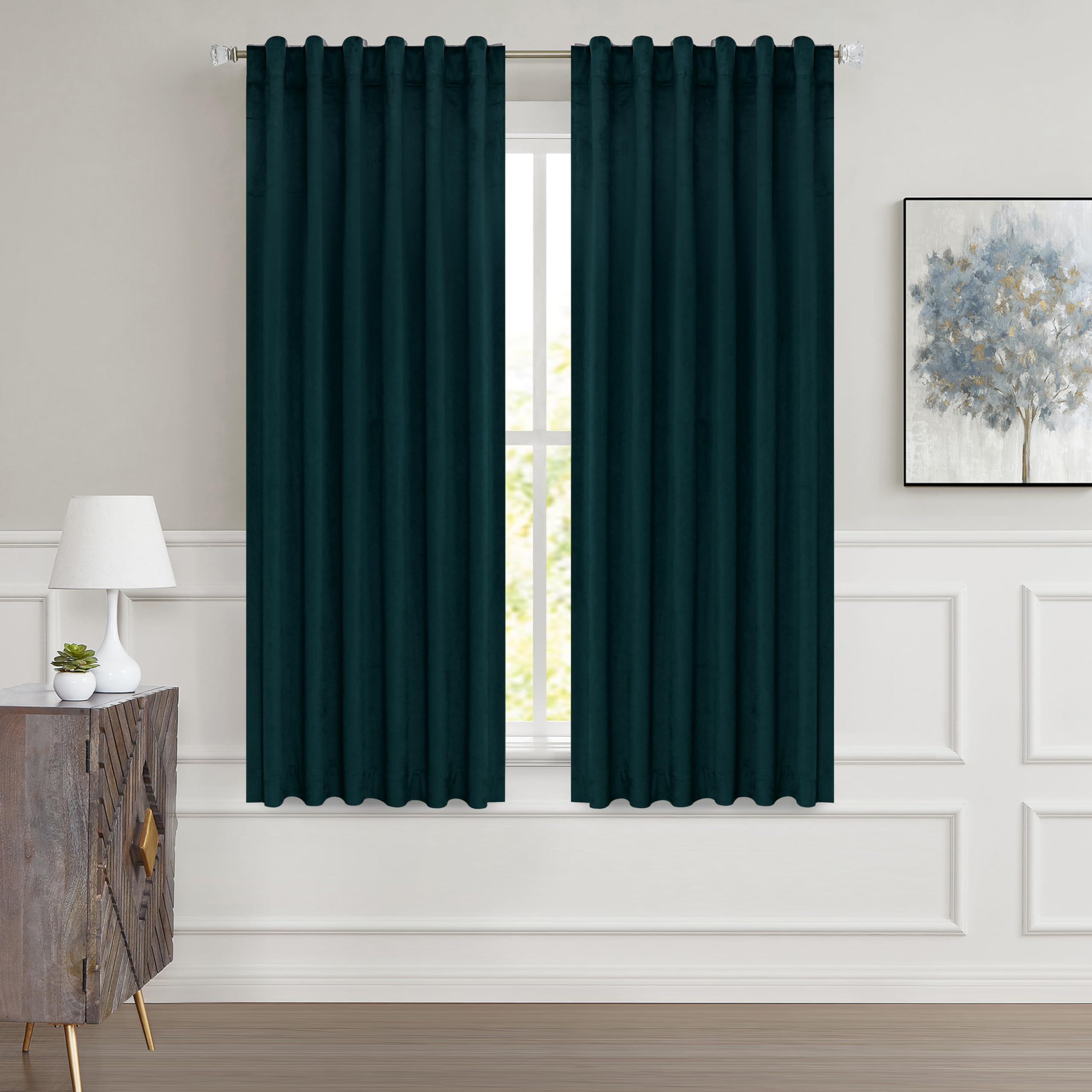 WEST LAKE Luxury Velvet Blackout Winter Curtain Teal Green 63 Inches Long for Living Room Thermal Insulated Rod Pocket Back Tab Velvet Curtains Drapes for Bedroom 2 Panels,52" Wx63 L