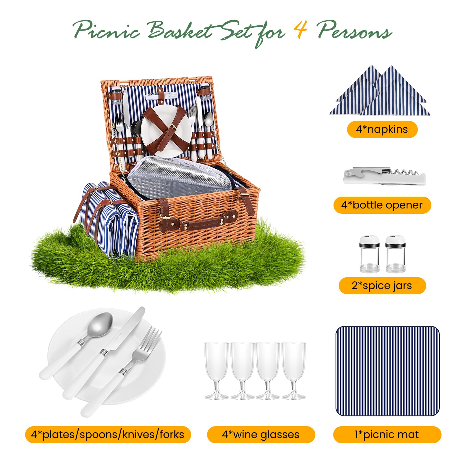 Cestino Picnic, Cesto Picnic Vimini con Scomparto Termico,Cestino Vimini con Coperta Impermeabile e Set di Posate, Set Pic Nic 4 Persone per Campeggio, Cestino Pic Nic(Blu)