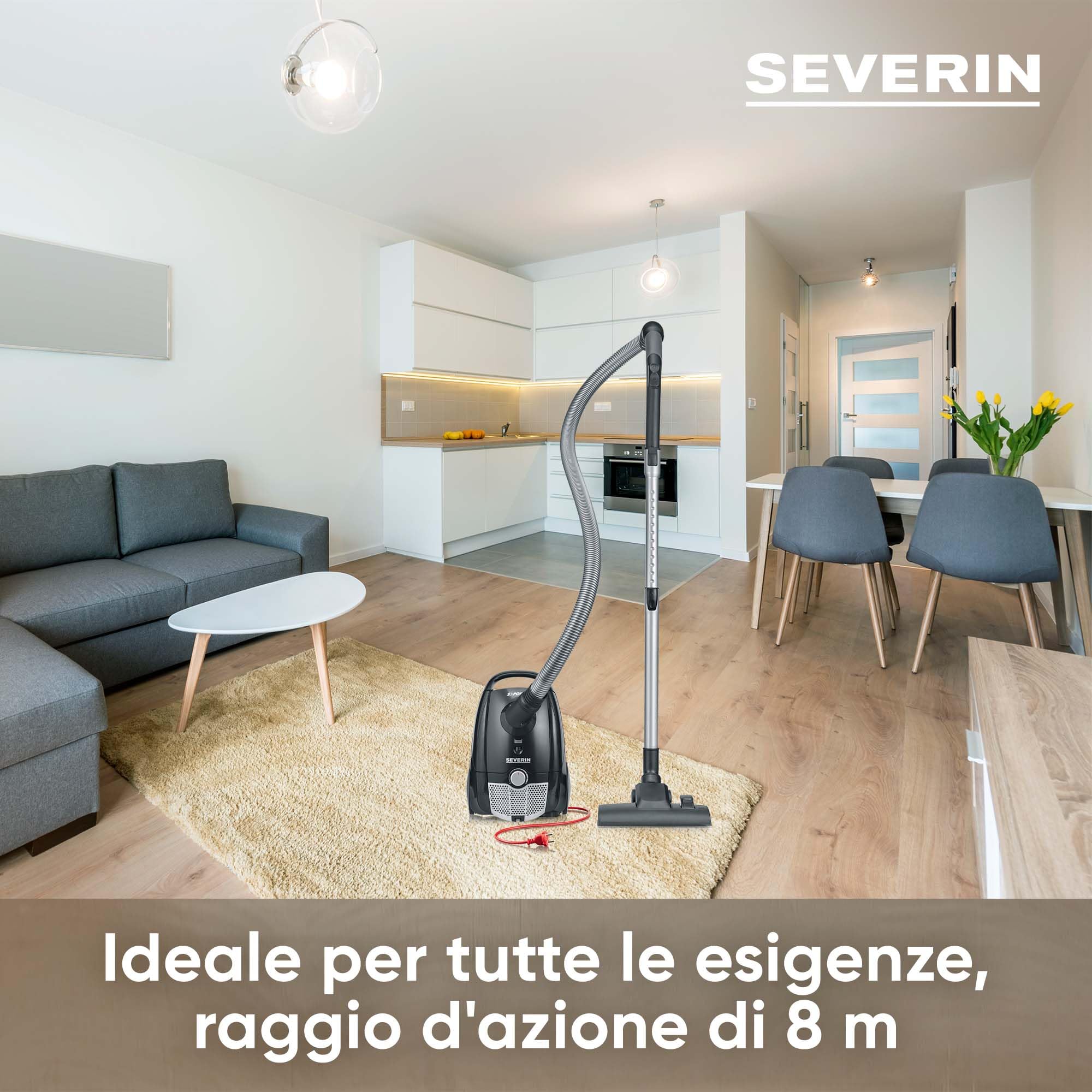 SEVERIN Aspirapolvere con Sacco, 750W, 2 Litri, Silenzioso, Compatto, Raggio d'Azione 8m, Set Accessori, 35,0 x 25,0 x 20,0 cm, Nero - BC 7030