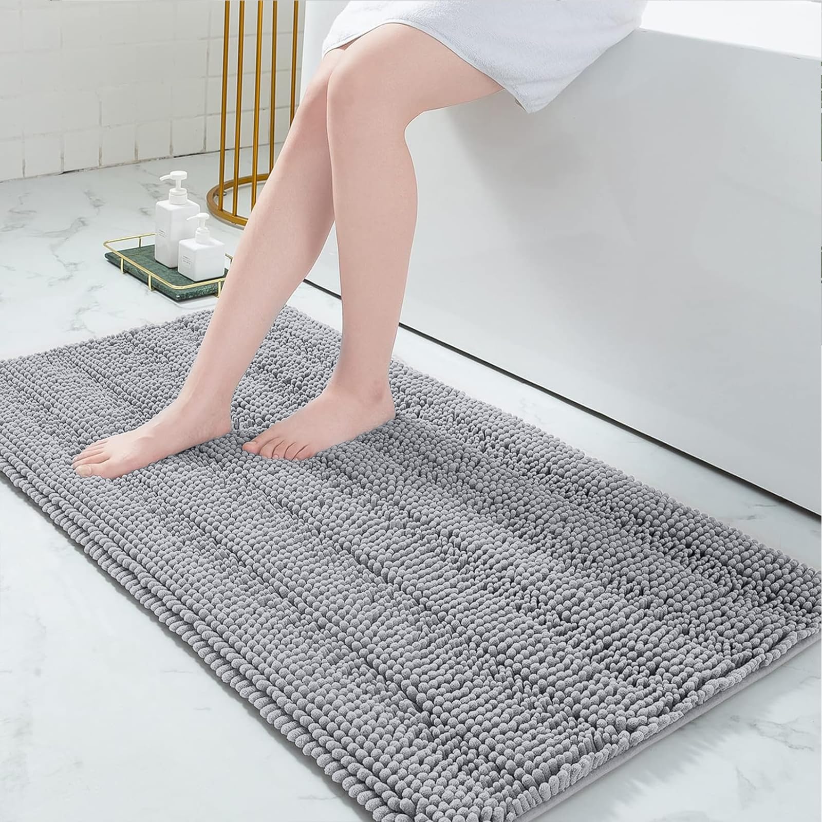 Grandaily Chenille Bathroom Rugs 47x24, Soft Bath Mats, Light Grey