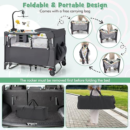 Miniatura 7 de HONEY JOY Cama de noche para bebé, paquete 6 en 1 con moisés infantil, cambiador de pañales y patio de juegos portátil con puerta con cremallera, 4
