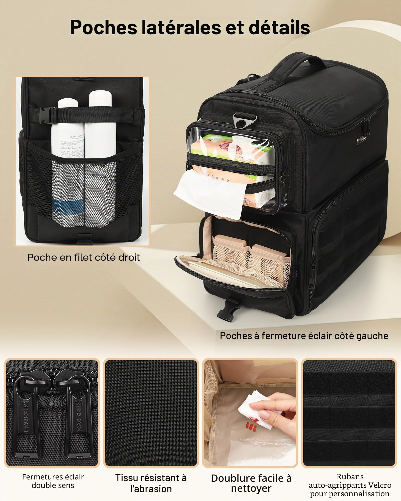 Relavel Mallette de maquillage à roulettes avec roulettes + 4 poches transparentes - Kit professionnel pour artistes de maquillage - Organisateur cosmétique avec séparateurs réglables - Roulettes
