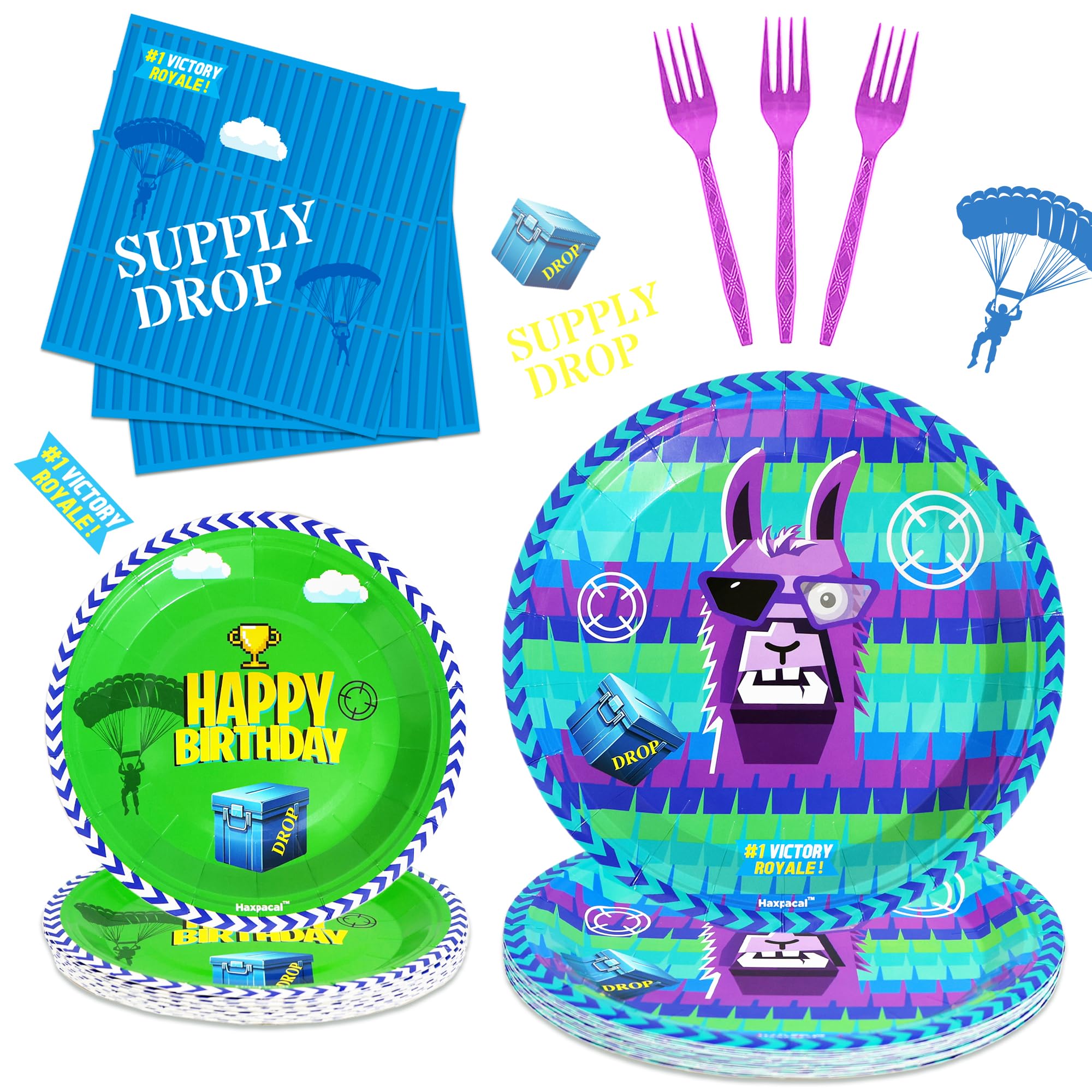 64Pcs Video Games Llama Party Tableware Supplies Including 32 Pcs Plates, 16 Pcs Forks and 16 Pcs Napkins, Video Games Theme Party Birthday Decorations