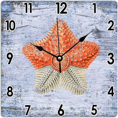 Reloj rústico de 10 x 10 pulgadas para pared, mar, costero, océano, con estrellas de mar, reloj de PVC para pared, vintage, azul, grano de madera,