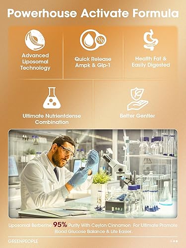 Miniatura 2 de GREENPEOPLE Berberina liposomal HCL1300mg - Suplemento de berberina con canela de Ceilán activa AMPK - Fórmula de alta absorción Soporte de peso