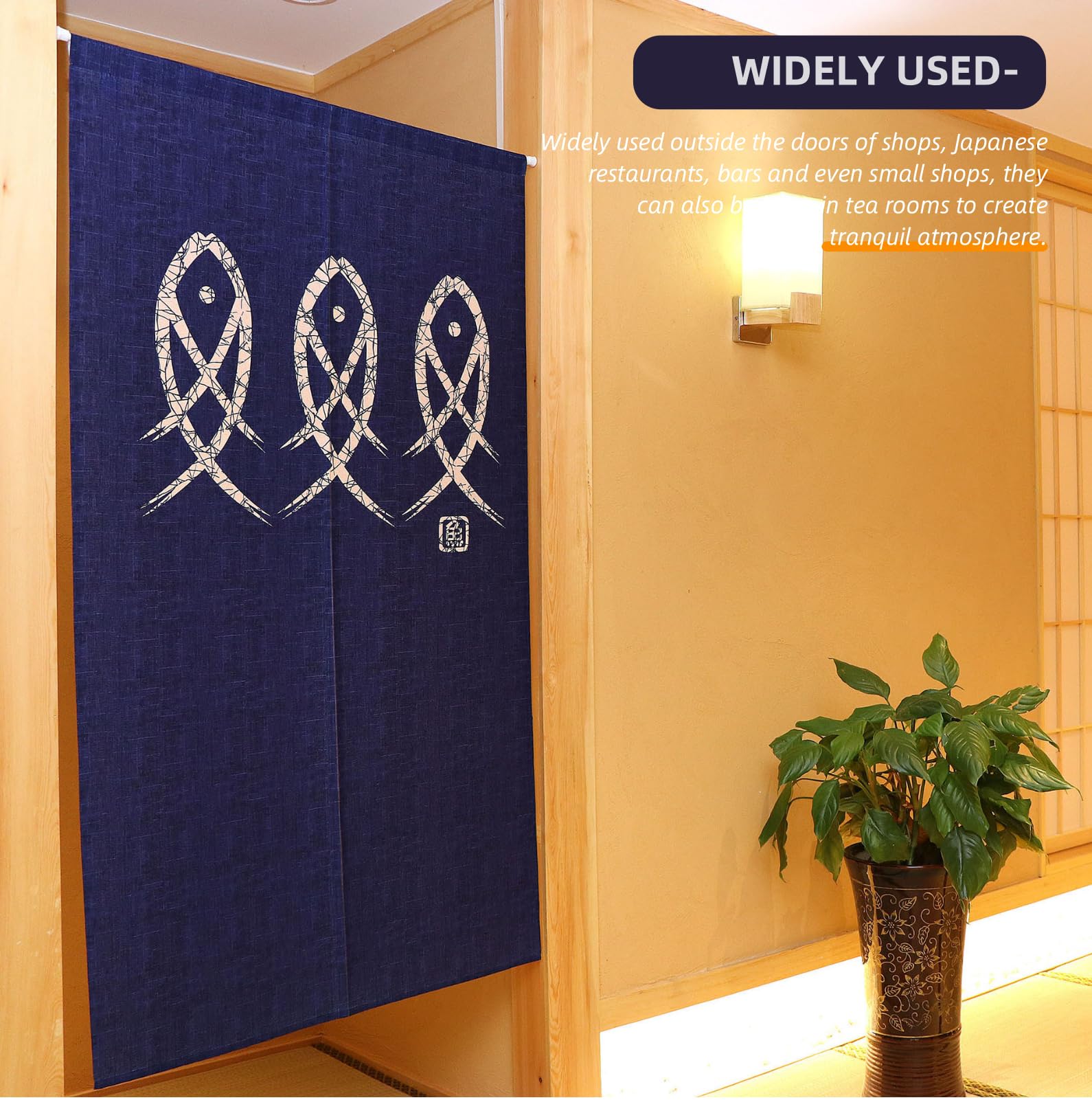 Tissting Tenda Porta Stile Giapponese, Arazzo Decorativo Noren con 3 Pesci, 150x85 cm, Tessuto di Alta Qualità per Ristoranti, Bar, Sala da Tè