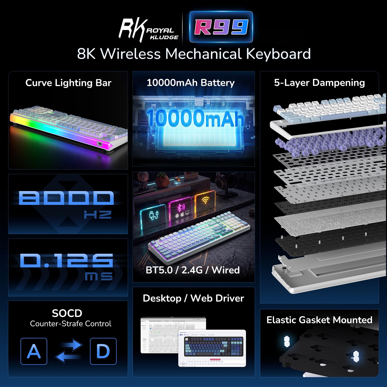 RK ROYAL KLUDGE R99 8K tastiera meccanica wireless interruttori, QWERTY
