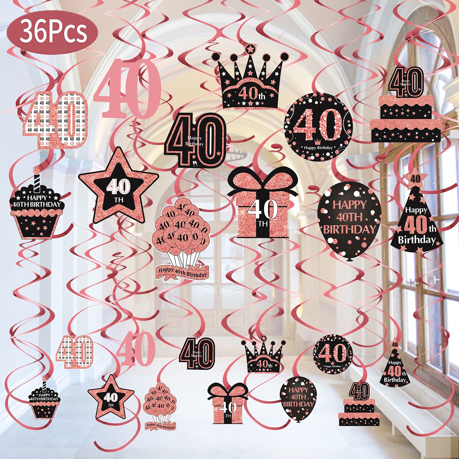 36pcs 40th Birthday Hanging Swirls Decorations for Women - Happy 40 Year Old Birthday Swirls Supplies - Rose Gold Forty Birthday Party Hanging Swirl Decor