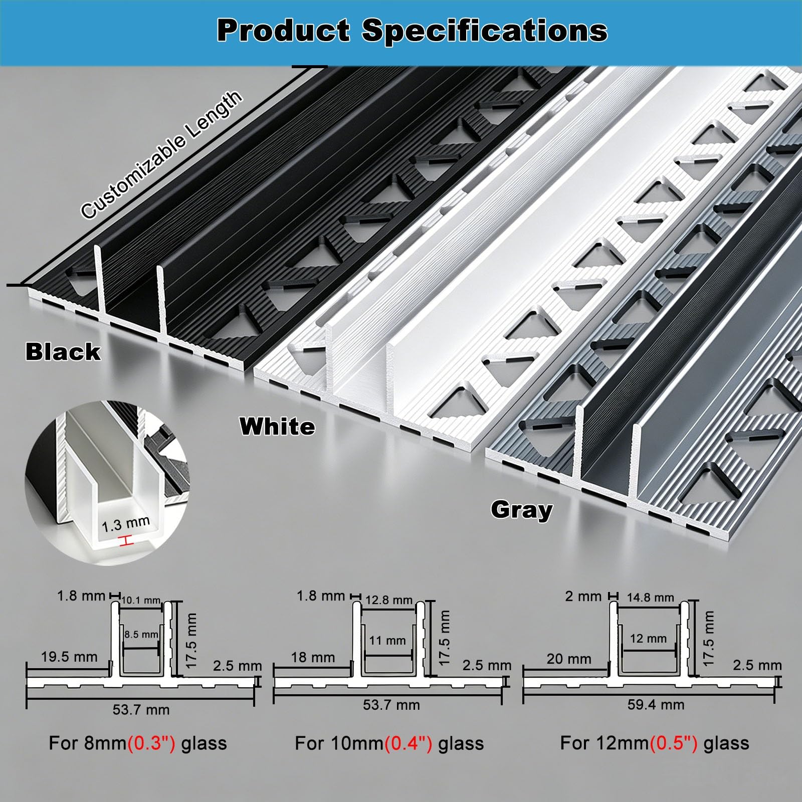 Canal de aluminio para cristal tipo T, resistente a la oxidación | Junta protectora de PVC integrada, apta para cristales de 8, 10 y 12 mm de grosor para oficinas(12mm Black,300cm/118.1")