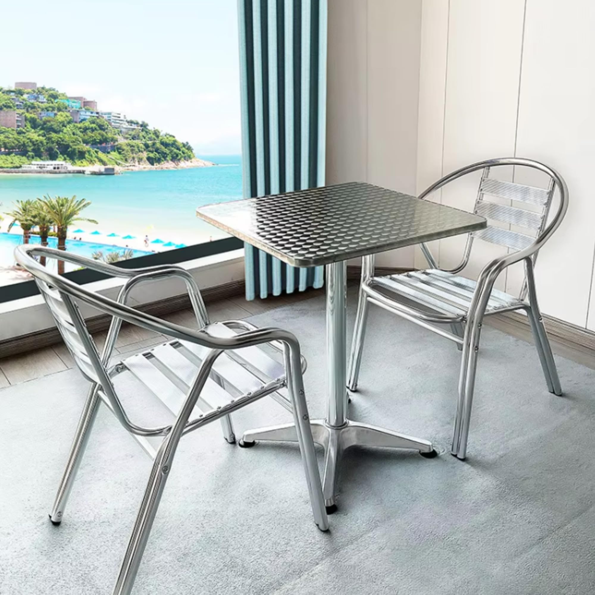 Hochwertiger Bistrotisch aus Aluminium, Eckiger Aluminiumtisch Wetterfest für Garten, Balkon und Terrassen – T80 x B80 x H72cm / Pflegeleichter Gartentisch mit Standfüßen –Silber glänzend Tischplatte