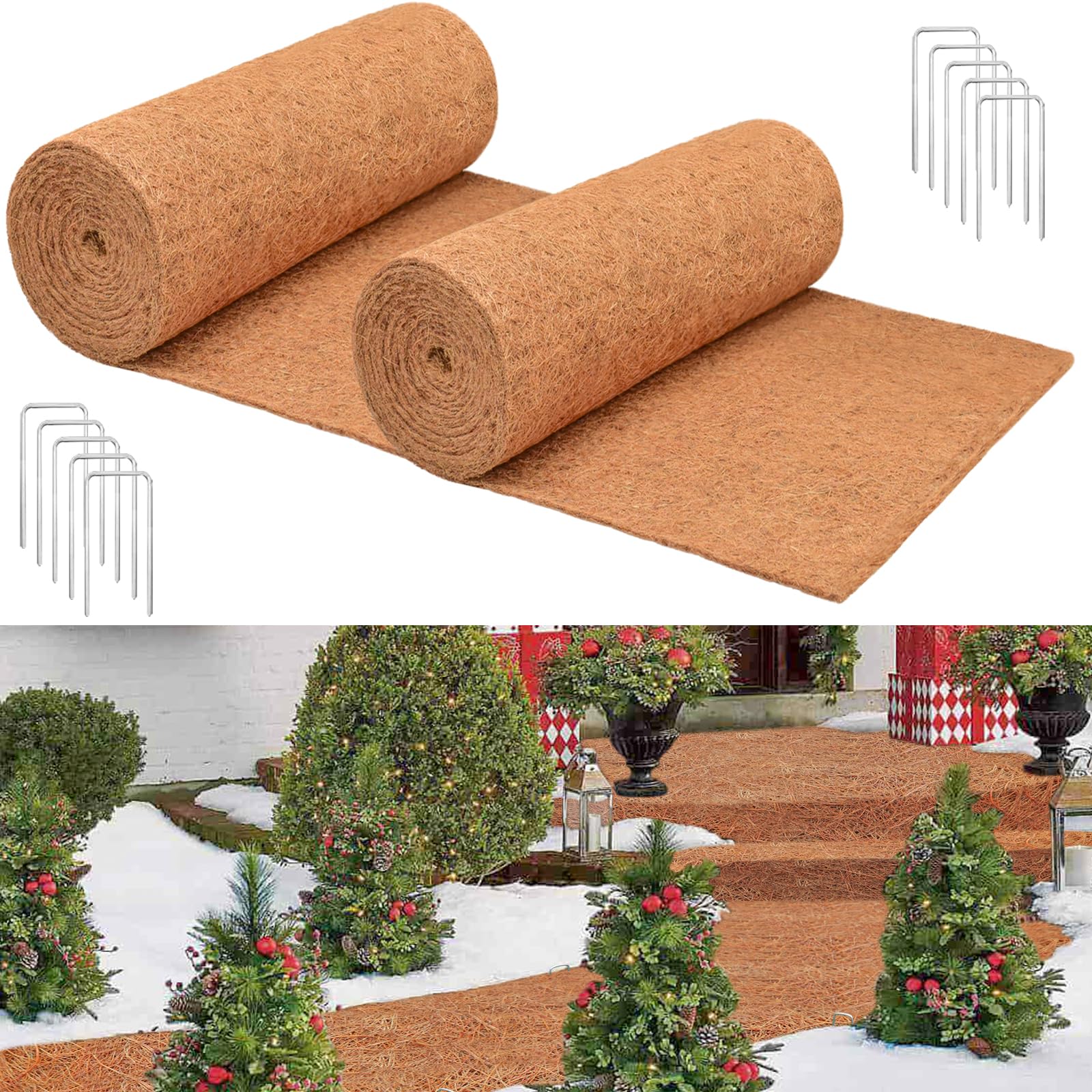 Halatool 2 Pack 16 x 80 x 0.28 in Thickened No-Slip Ice and Snow Carpet Natural Coconut Fiber Roll Snow Melting Mats Outdoor with 10 U-Shaped Landscape Staples for Front Door Stairs Porch