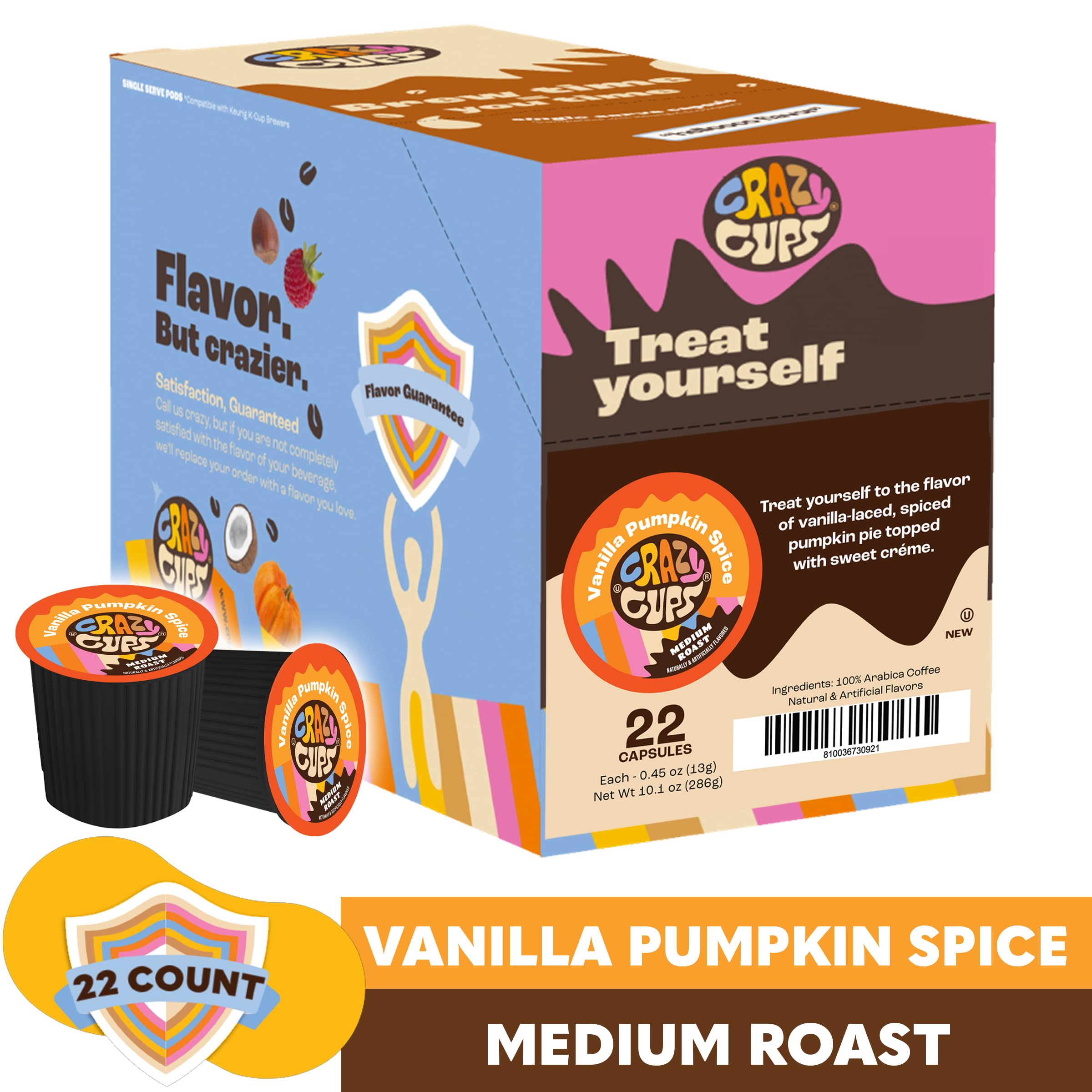 Crazy Cups Aromatisierte Kaffeepads, Vanille-Kürbis-Gewürzkaffee, Einzelportionskaffee für Keurig K Cup-Maschinen, heißen oder Eiskaffee, mittelgroßer gerösteter Kaffee in recycelbaren Kapseln, 22