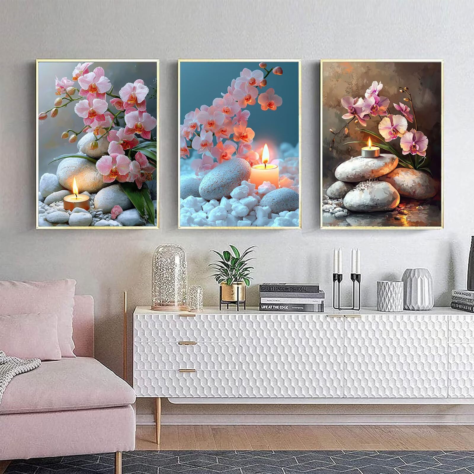 Generico Cnyaunfi 3 Pezzi Fiore Pittura Diamante Fai-Da-Te, 5D Bianco Diamond Painting Kit Completo per Hobby Creativi Adulti, Per La Decorazione Della Parete Di Casa 70x90cm YF-3216