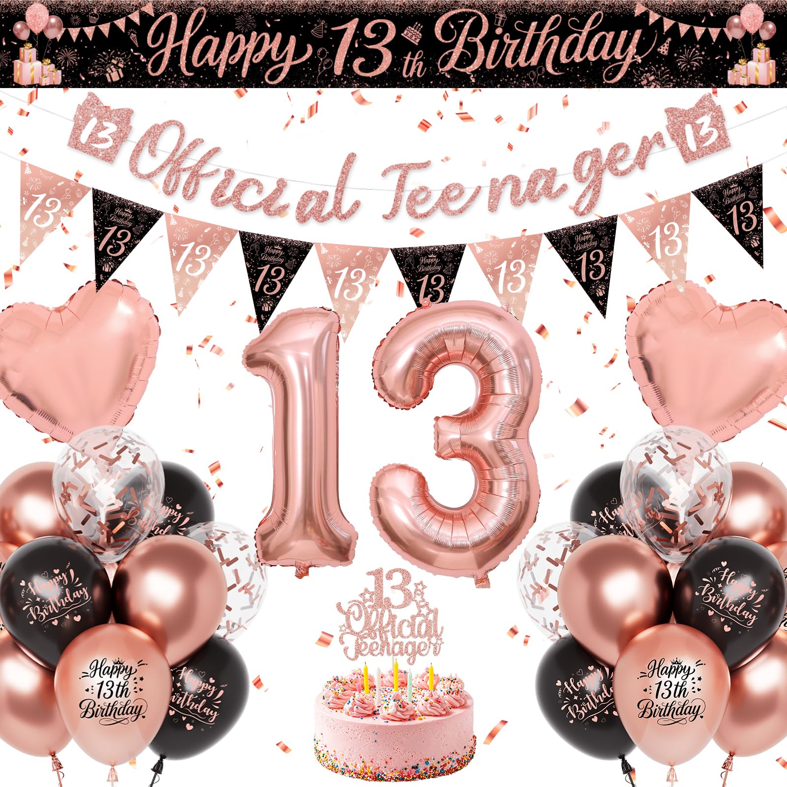 13th Birthday Decorations Girls, Black Rose Gold Official Teenager Banner