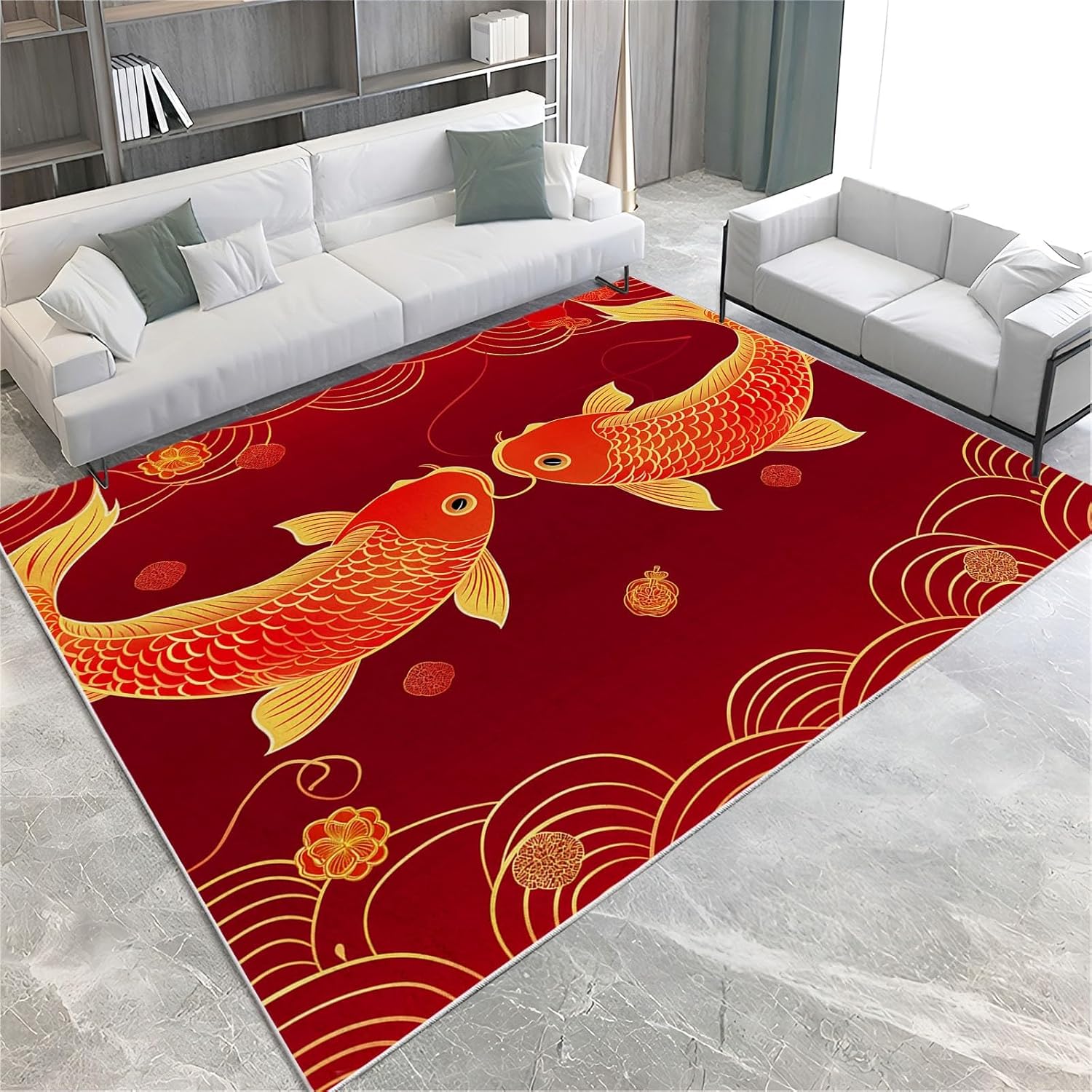 Washable Rugs 4 X 6 Ft, Red Koi Pattern Large Carpets, Ultra Soft Faux Wool Rug, Non Slip & Non-Shedding Low Pile Poster Style Print Carpets for Living Room Bedroom Home Office Decor