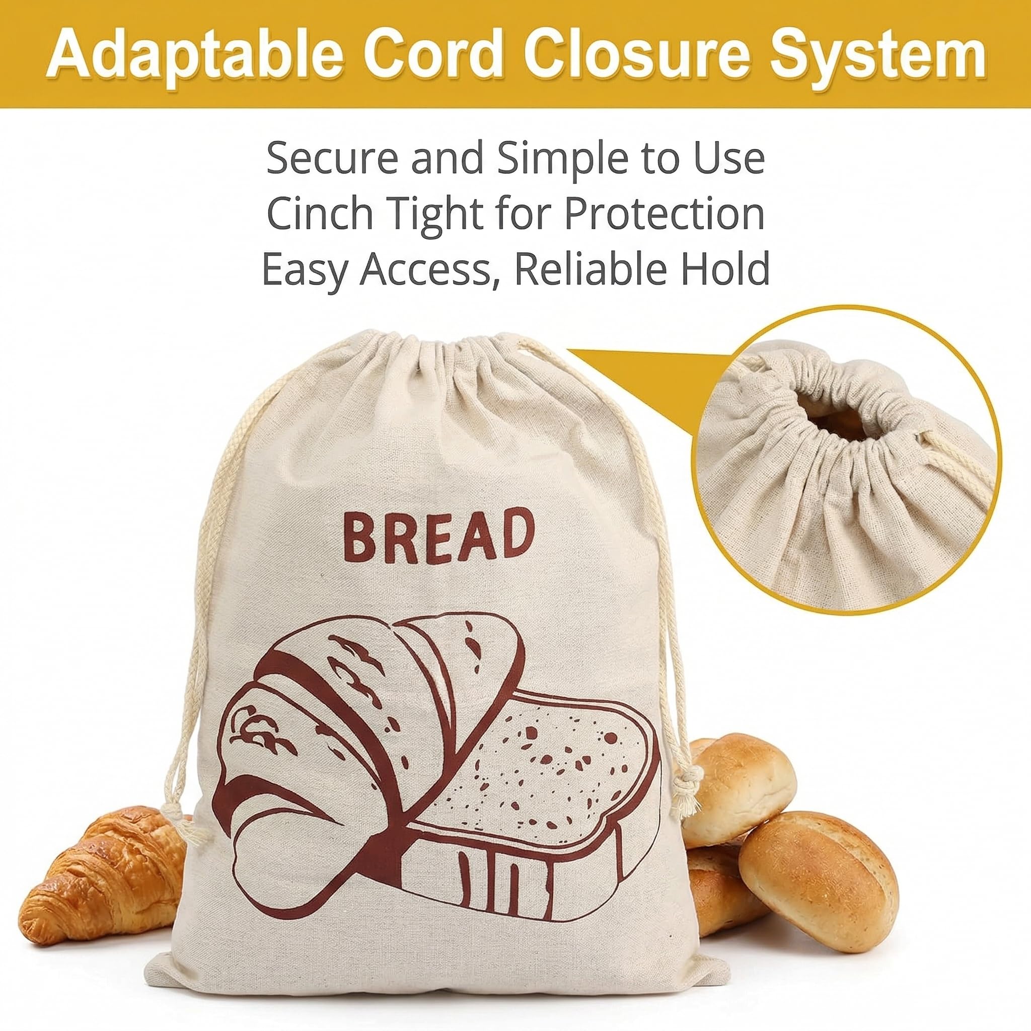 Sac à Pain Réutilisable en Tissu Lot de 2 30 x 40 cm avec Cordon de Serrage pour Baguette Fruits Stockage